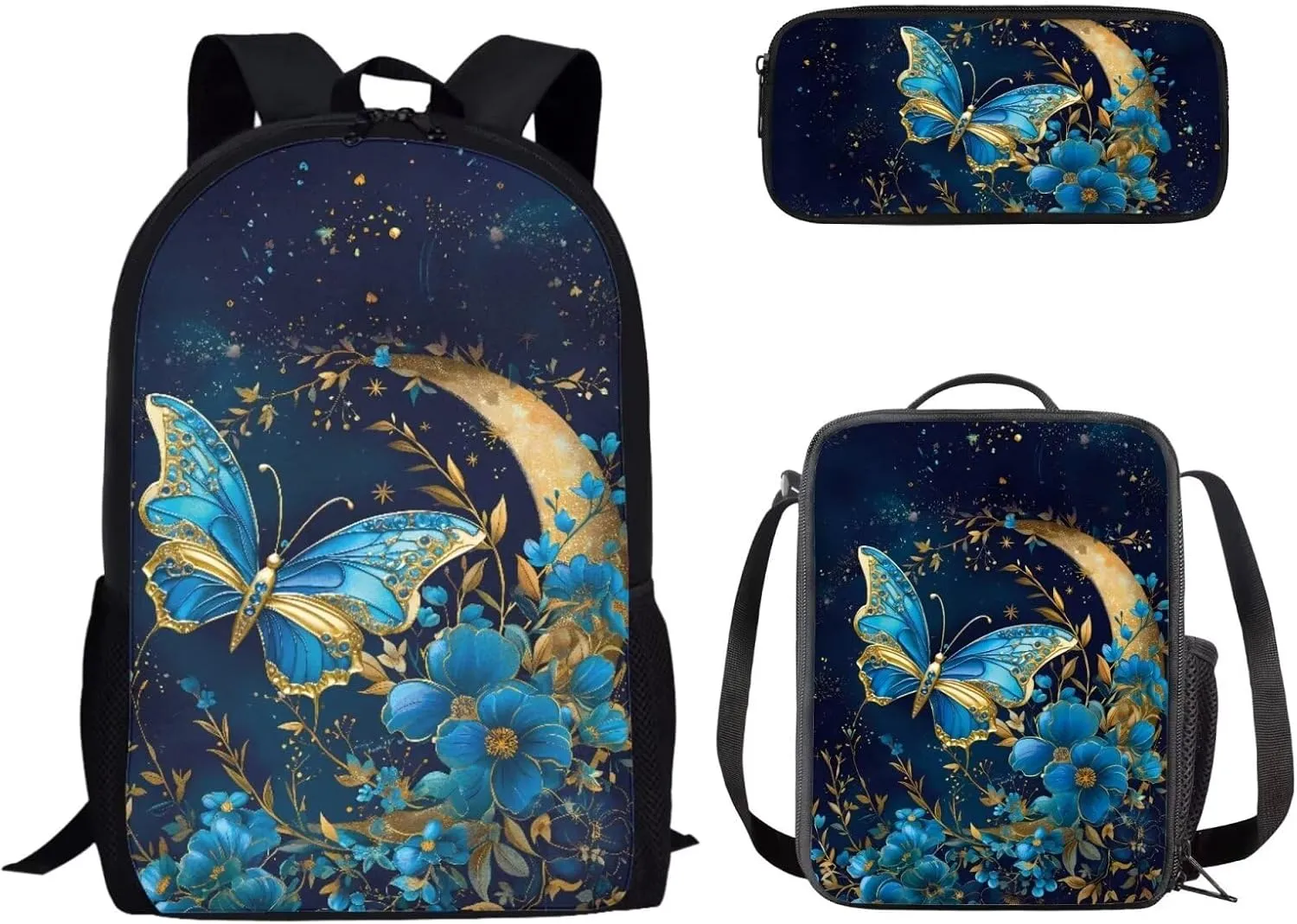 doginthehole 3 Piece Backpack Set for Teen Girls Aesthetic Floral Butterfly Moon Print Schoolbag Middle School Students Bookbag Lightweight Daypack with Insulated Lunch Box & Pencil Case