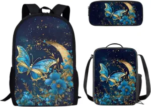 doginthehole 3 Piece Backpack Set for Teen Girls Aesthetic Floral Butterfly Moon Print Schoolbag Middle School Students Bookbag Lightweight Daypack with Insulated Lunch Box & Pencil Case