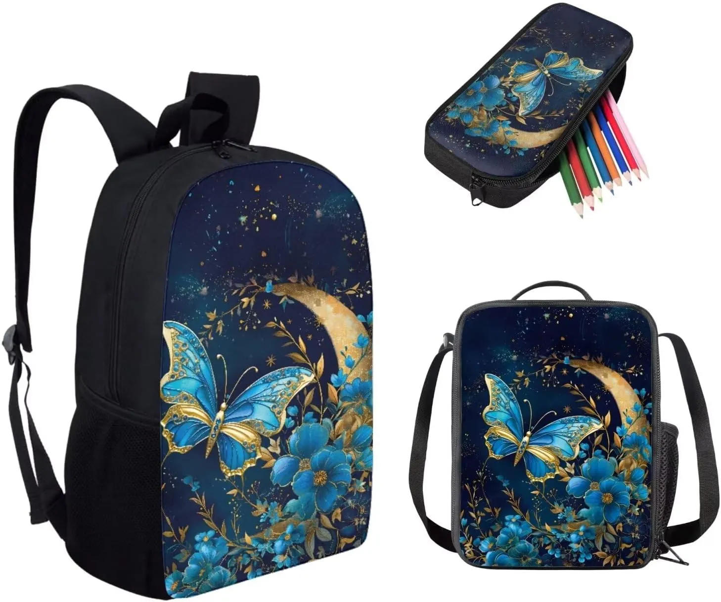 doginthehole 3 Piece Backpack Set for Teen Girls Aesthetic Floral Butterfly Moon Print Schoolbag Middle School Students Bookbag Lightweight Daypack with Insulated Lunch Box & Pencil Case