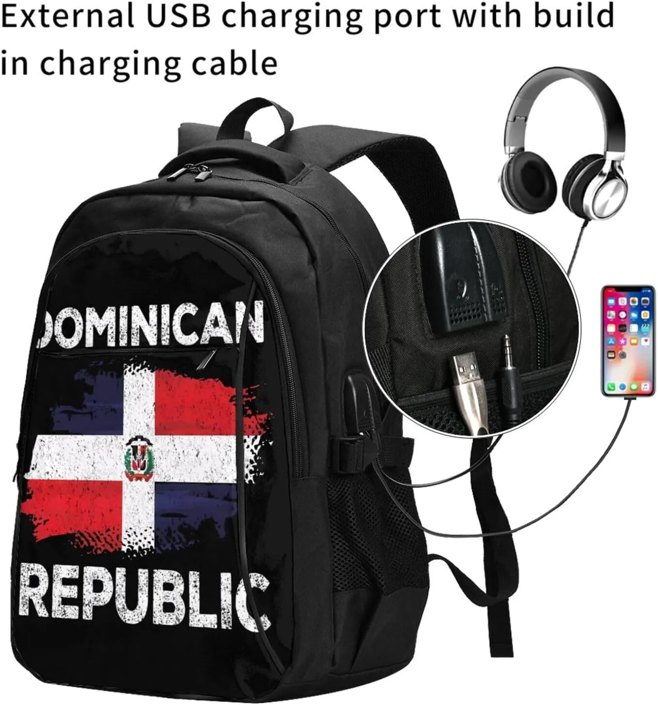Dominican Dominicana Republic Flag Travel Backpacks Casual Backpack Large Capacity Laptop Rucksack Luggage Daypacks with USB Charging Port Multi-Pockets Bags for Hiking