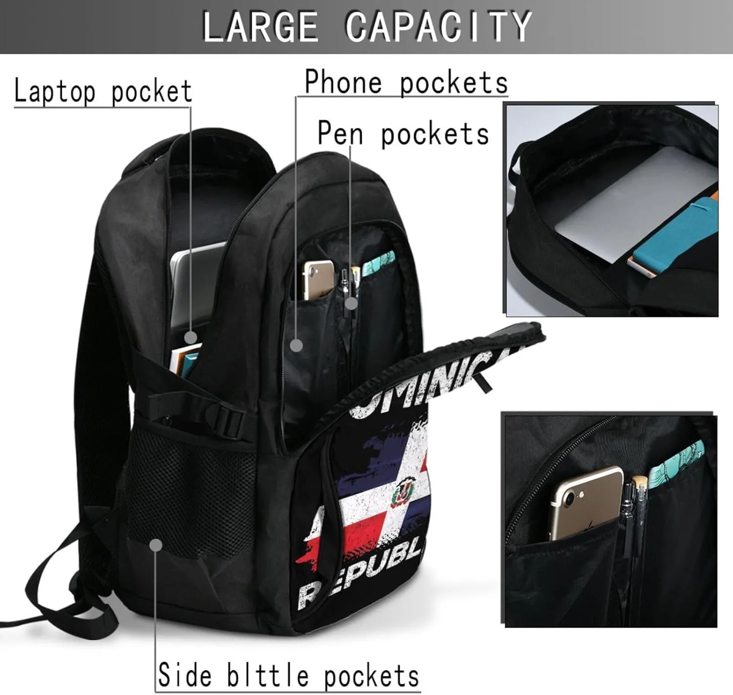 Dominican Dominicana Republic Flag Travel Backpacks Casual Backpack Large Capacity Laptop Rucksack Luggage Daypacks with USB Charging Port Multi-Pockets Bags for Hiking