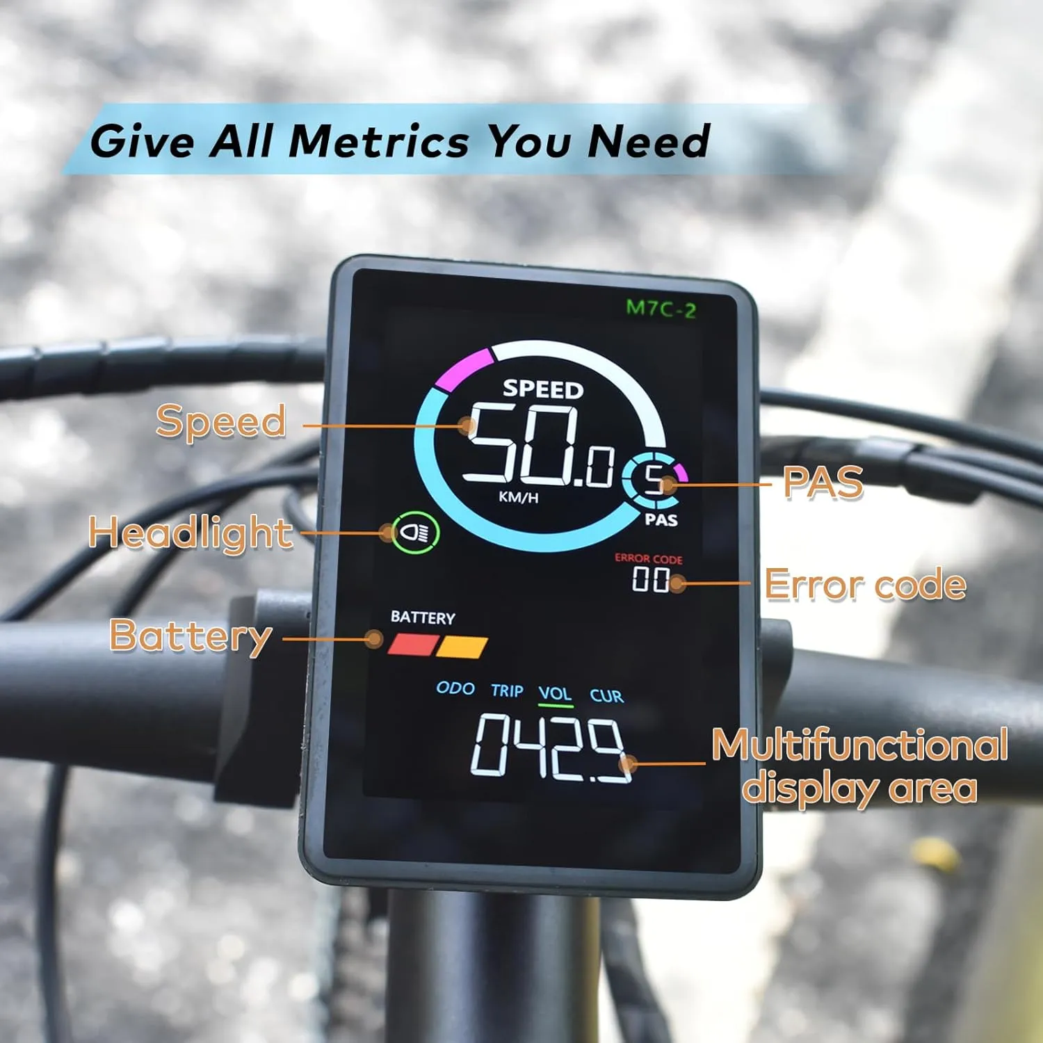 Ebike Display, UART No. 2 Protocol, 24V-60V ABS Colorful Cycling Computer with Charging Port for Mobile Devices, Vertical Ebike LCD Display to Enrich Cycling Journey