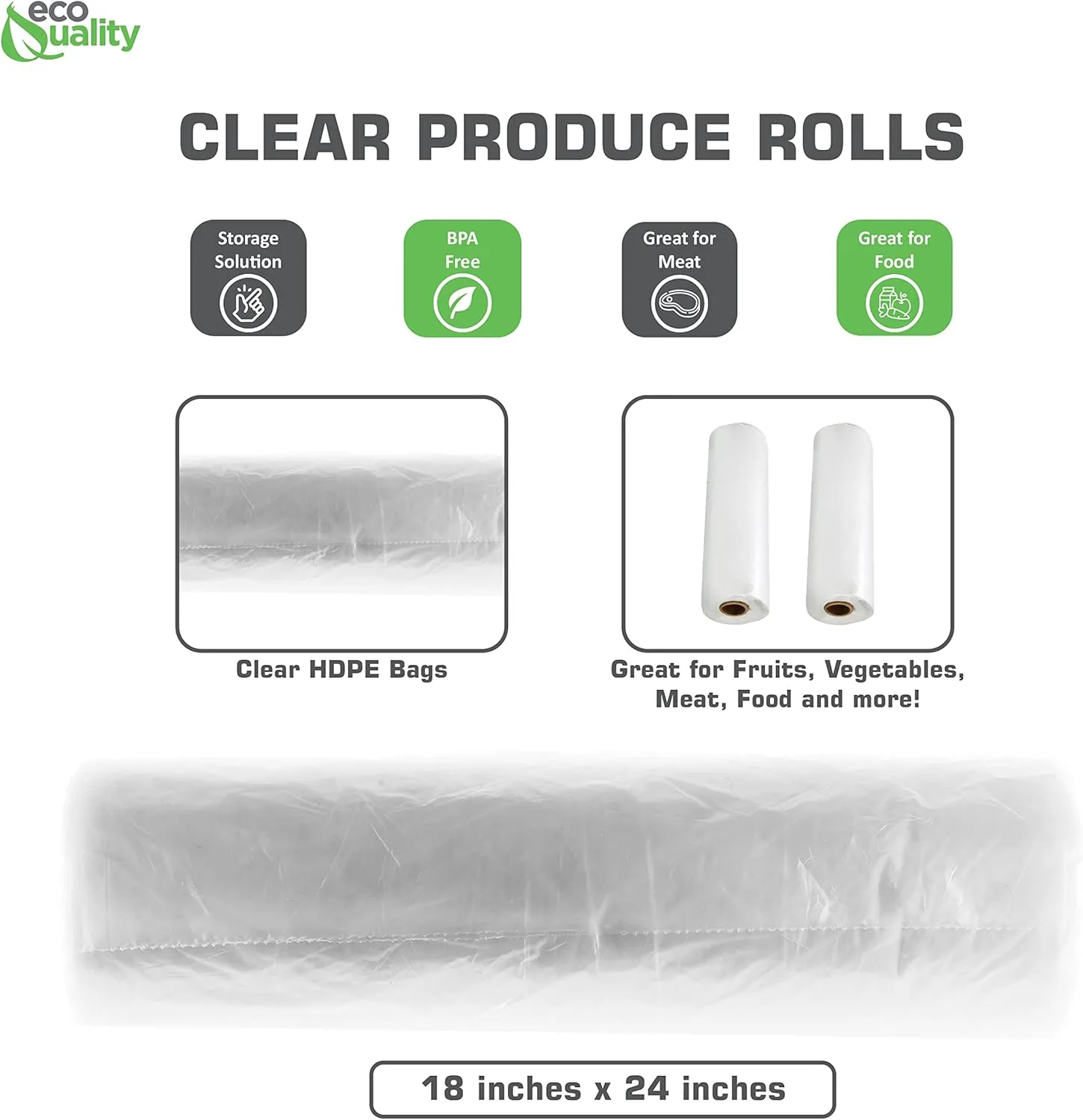 EcoQuality 18" x 24" Plastic Produce Bags on a Roll 250 Bags/Roll - Food Storage Bags, Clear Plastic Bags for Vegetables, Food, Fruits, Bread, Pet Waste Bags, Grocery Bags, Supermarket Bags (1)