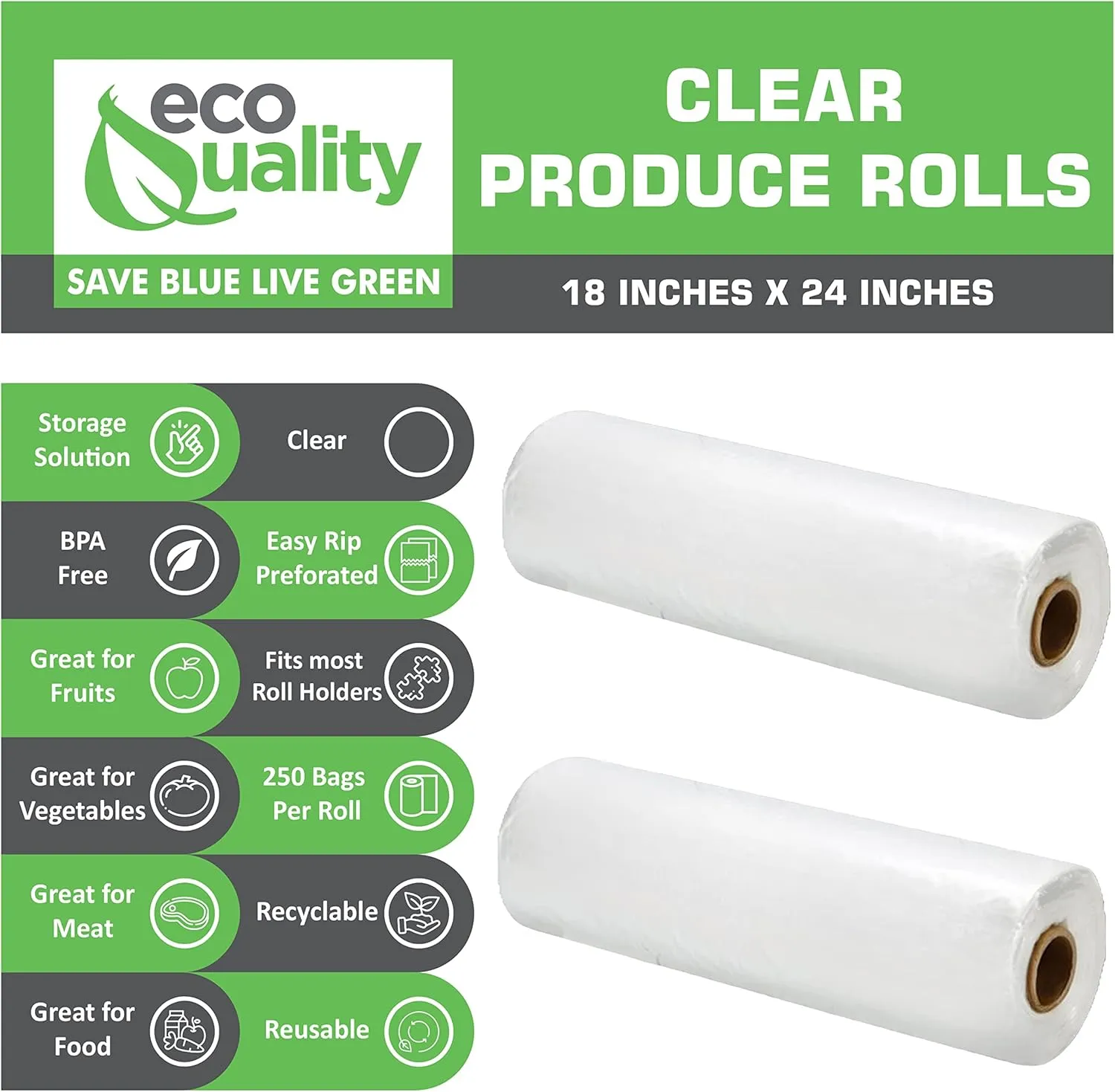 EcoQuality 18" x 24" Plastic Produce Bags on a Roll 250 Bags/Roll - Food Storage Bags, Clear Plastic Bags for Vegetables, Food, Fruits, Bread, Pet Waste Bags, Grocery Bags, Supermarket Bags (1)