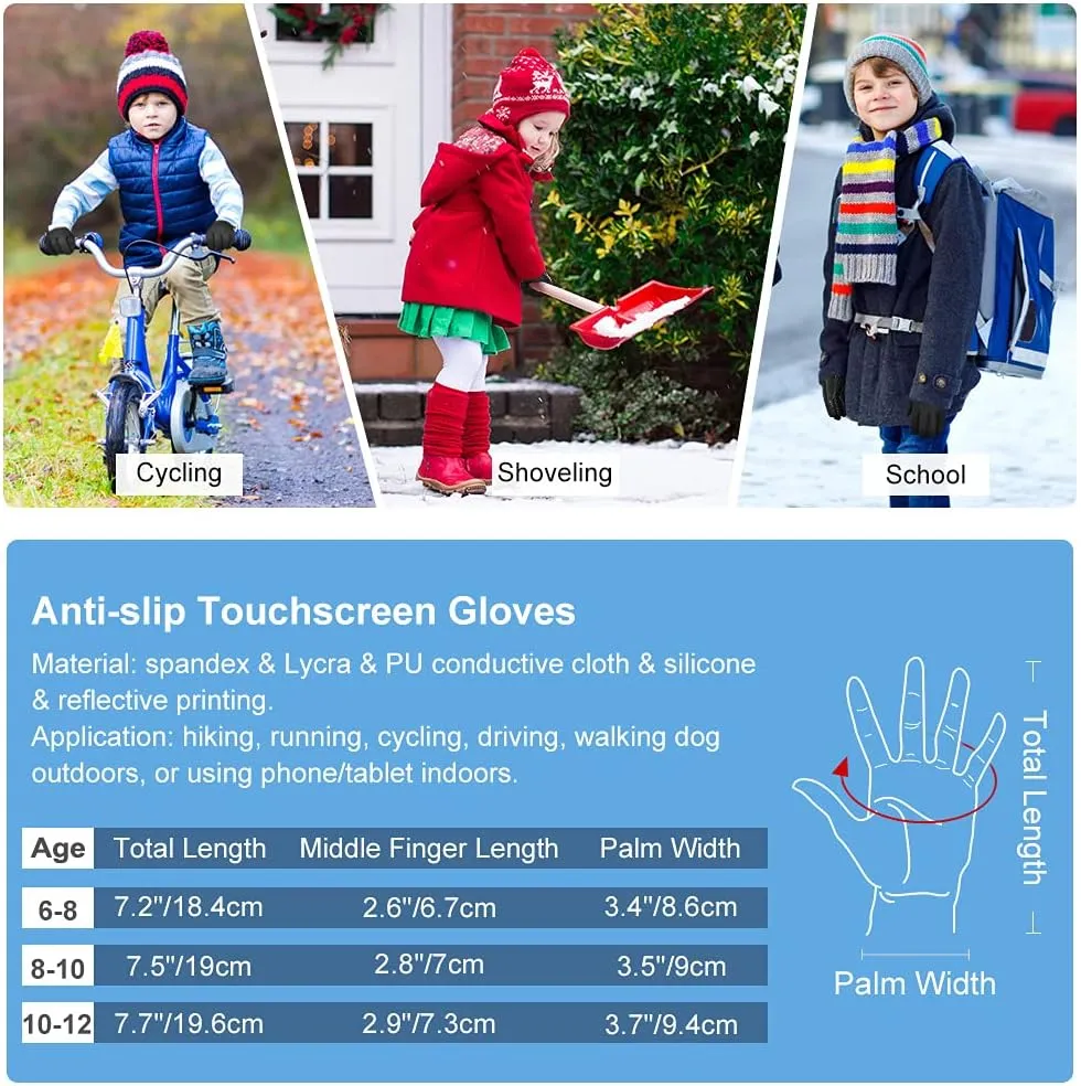 EEFOW Kids Winter Touch Screen Gloves - Cold Weather Windproof Waterproof Fleece Warm Gloves Anti-Slip Cycling Mittens for Aged 4-12 Children Boys & Girls