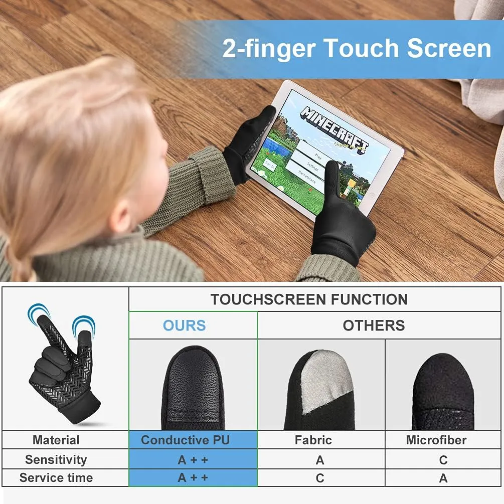 EEFOW Kids Winter Touch Screen Gloves - Cold Weather Windproof Waterproof Fleece Warm Gloves Anti-Slip Cycling Mittens for Aged 4-12 Children Boys & Girls