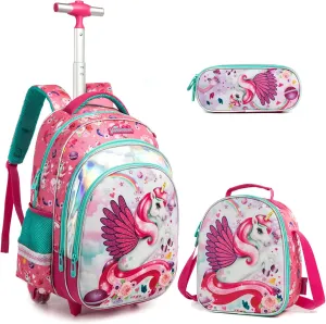 Egchescebo Kids Rolling Unicorn Backpack for Girls Kids Luggage Kids Suitcase With Wheels Trolley Wheeled Backpacks for Girls Travel Bags 17” 3PCS Backpack With Lunch Box Red School Bags Red