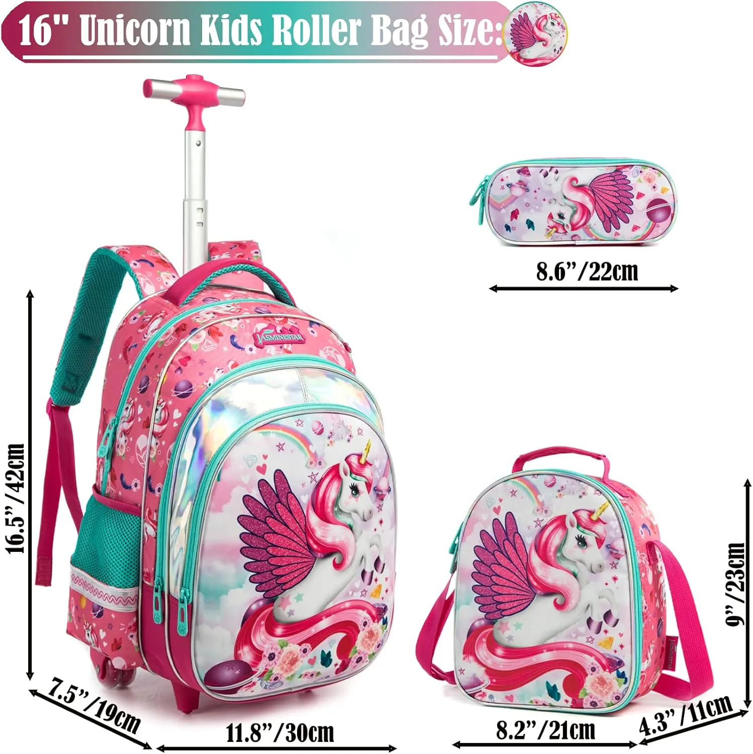 Egchescebo Kids Rolling Unicorn Backpack for Girls Kids Luggage Kids Suitcase With Wheels Trolley Wheeled Backpacks for Girls Travel Bags 17” 3PCS Backpack With Lunch Box Red School Bags Red