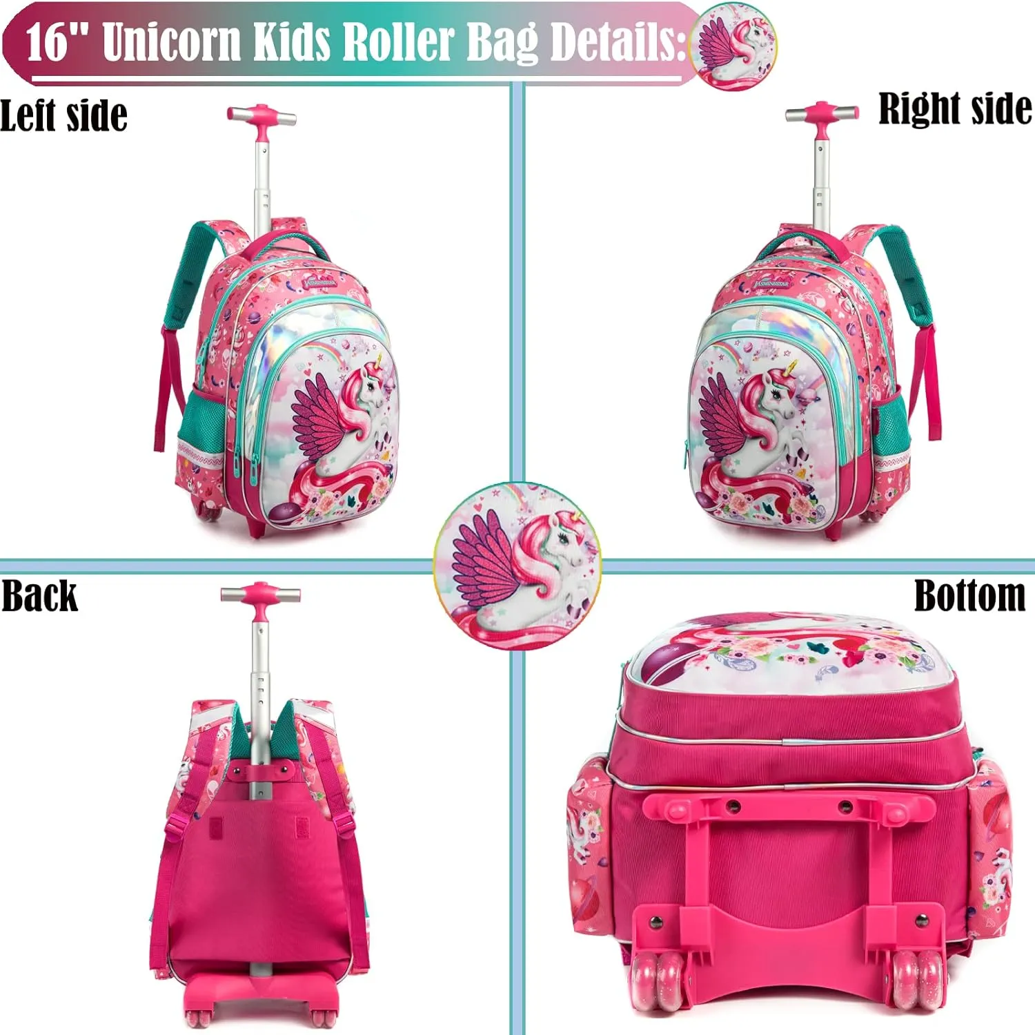 Egchescebo Kids Rolling Unicorn Backpack for Girls Kids Luggage Kids Suitcase With Wheels Trolley Wheeled Backpacks for Girls Travel Bags 17” 3PCS Backpack With Lunch Box Red School Bags Red