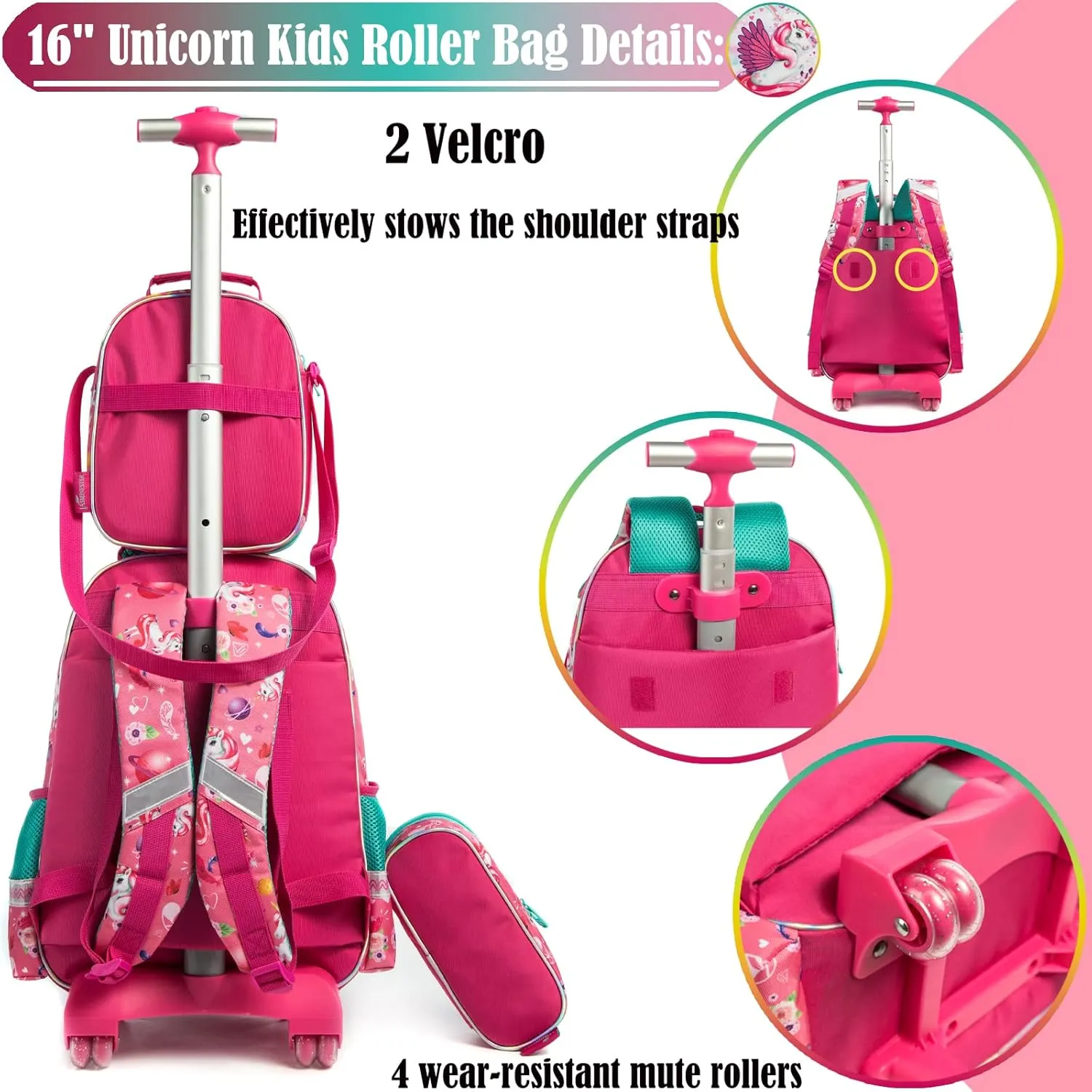 Egchescebo Kids Rolling Unicorn Backpack for Girls Kids Luggage Kids Suitcase With Wheels Trolley Wheeled Backpacks for Girls Travel Bags 17” 3PCS Backpack With Lunch Box Red School Bags Red