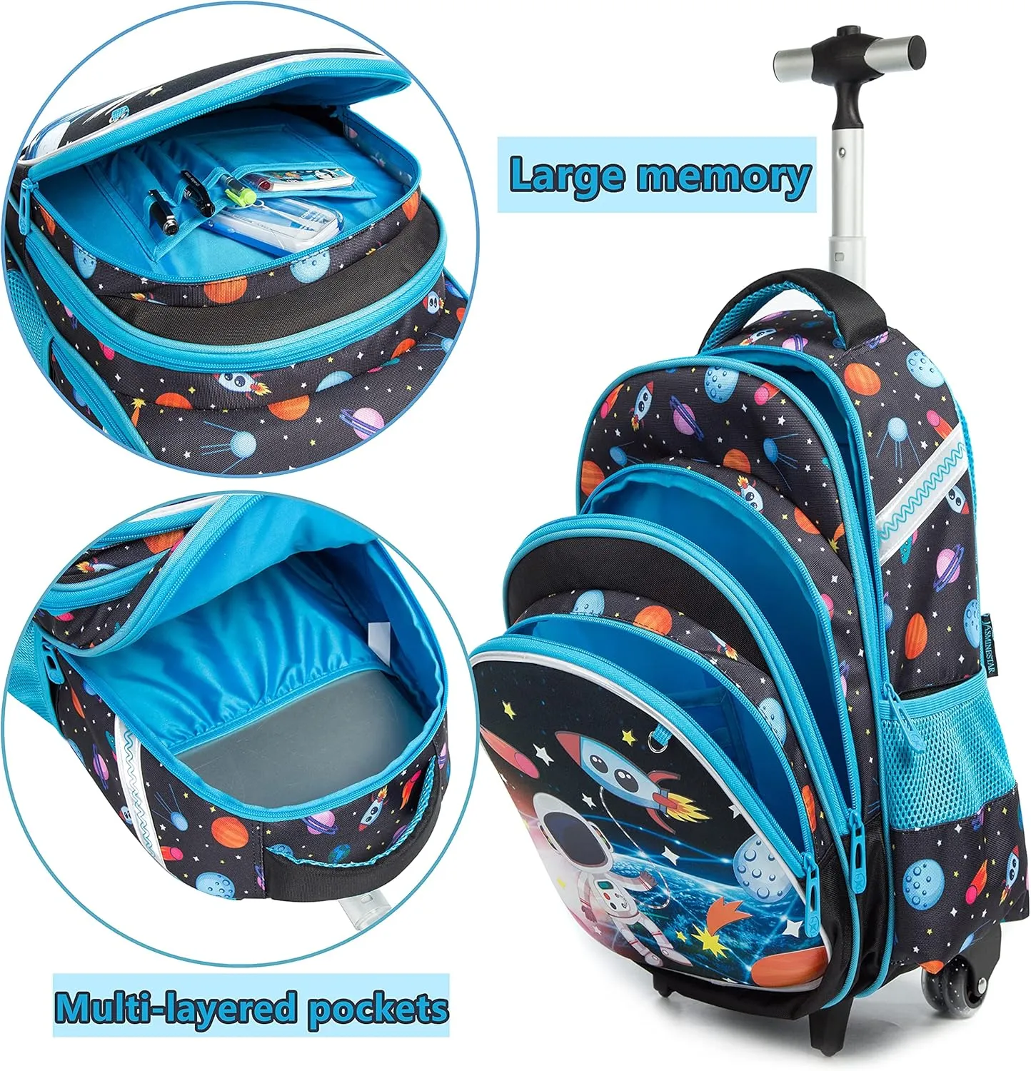 Egchescebo Rolling Backpacks Kids Backpack with Wheels for School Bags Luggage With Wheels Trolley Wheeled Backpacks for Boys 3PCS 16“ Astronaut Pattern Travel Bags Boys Backpack With Lunch Box Blue