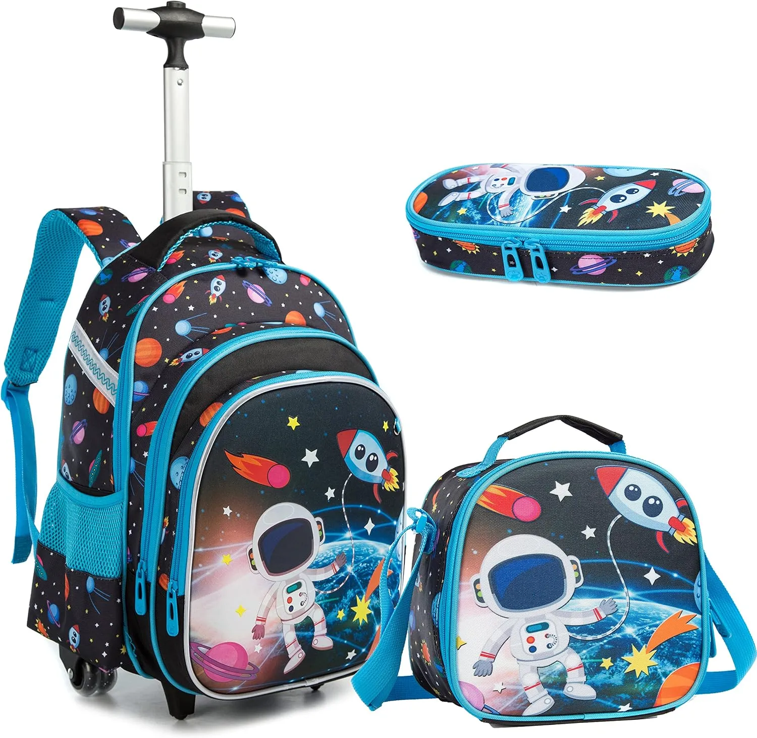 Egchescebo Rolling Backpacks Kids Backpack with Wheels for School Bags Luggage With Wheels Trolley Wheeled Backpacks for Boys 3PCS 16“ Astronaut Pattern Travel Bags Boys Backpack With Lunch Box Blue