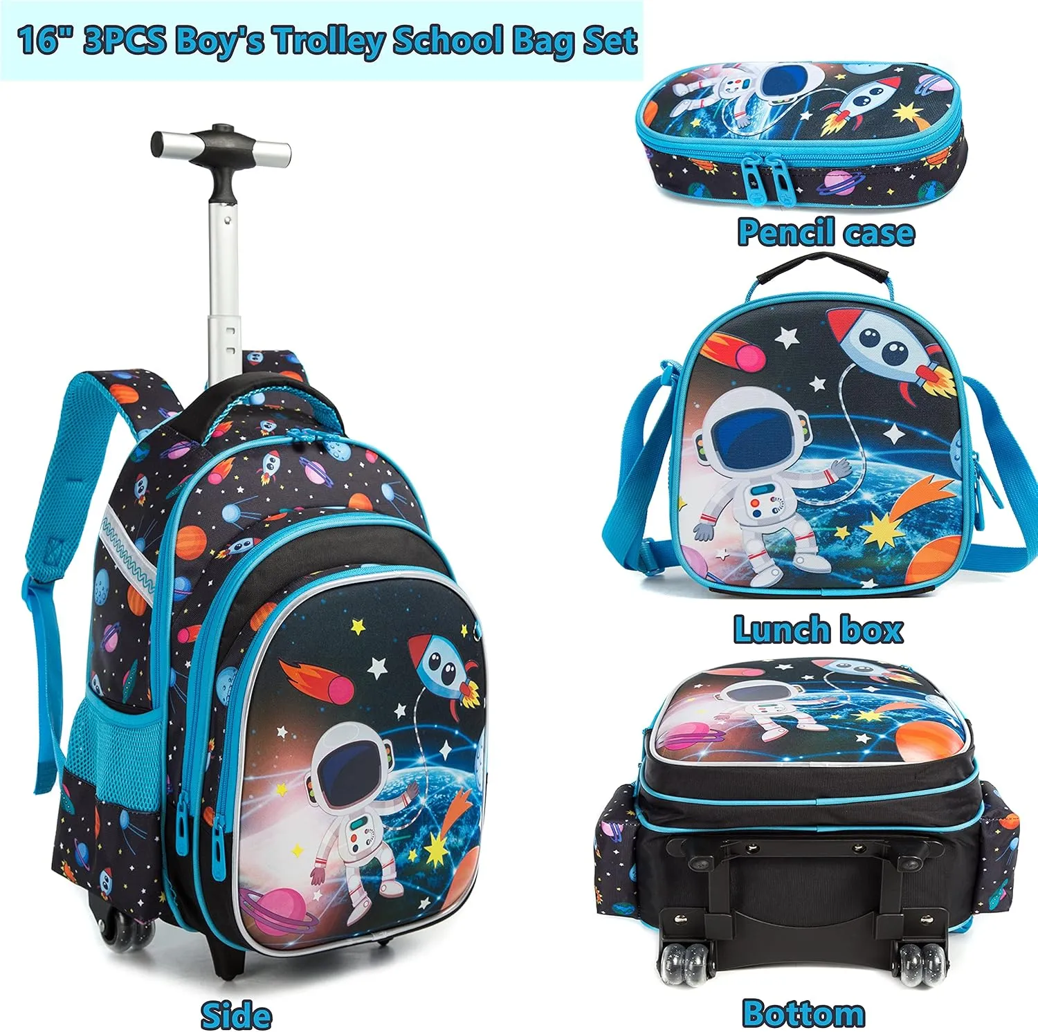 Egchescebo Rolling Backpacks Kids Backpack with Wheels for School Bags Luggage With Wheels Trolley Wheeled Backpacks for Boys 3PCS 16“ Astronaut Pattern Travel Bags Boys Backpack With Lunch Box Blue