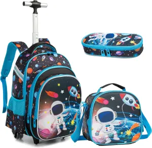 Egchescebo Rolling Backpacks Kids Backpack with Wheels for School Bags Luggage With Wheels Trolley Wheeled Backpacks for Boys 3PCS 16“ Astronaut Pattern Travel Bags Boys Backpack With Lunch Box Blue