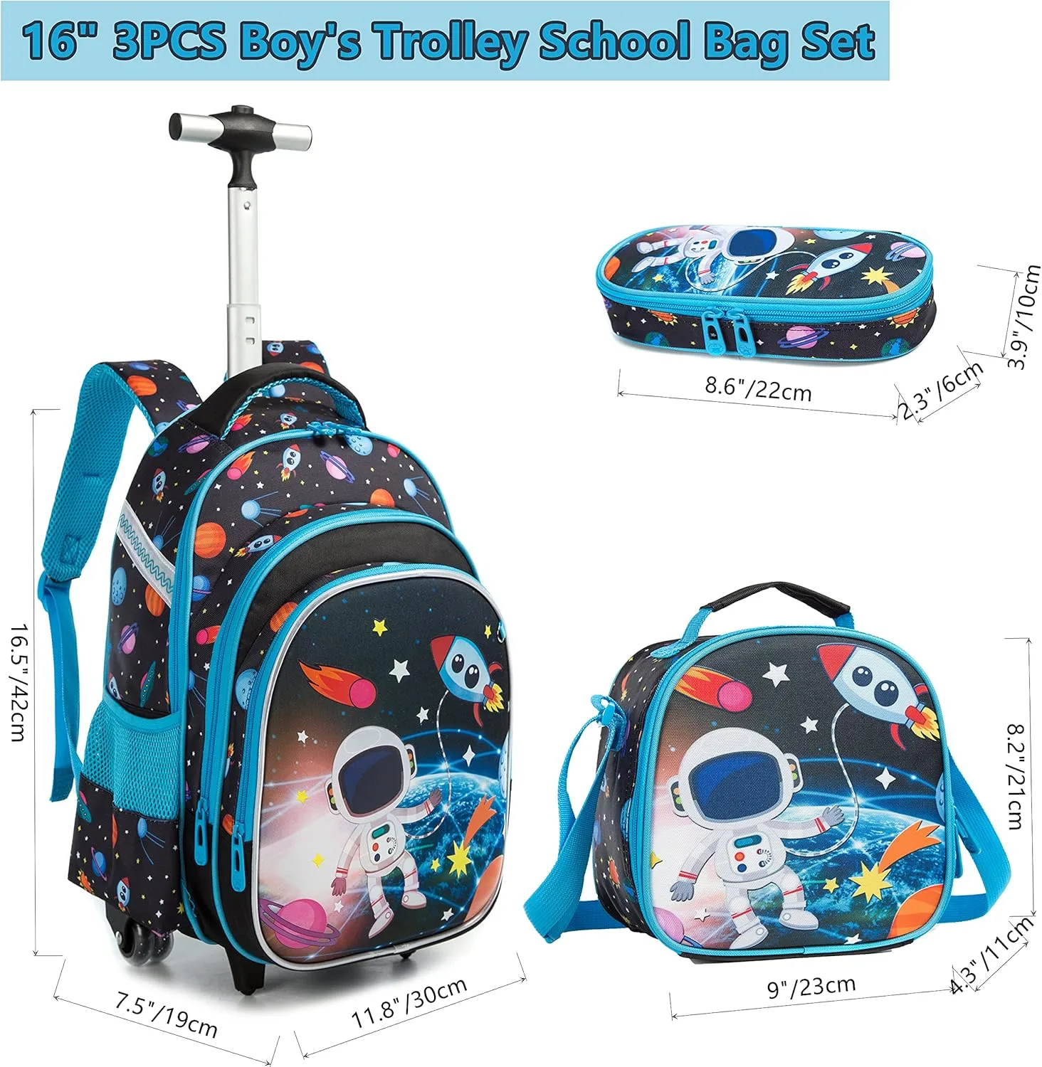 Egchescebo Rolling Backpacks Kids Backpack with Wheels for School Bags Luggage With Wheels Trolley Wheeled Backpacks for Boys 3PCS 16“ Astronaut Pattern Travel Bags Boys Backpack With Lunch Box Blue