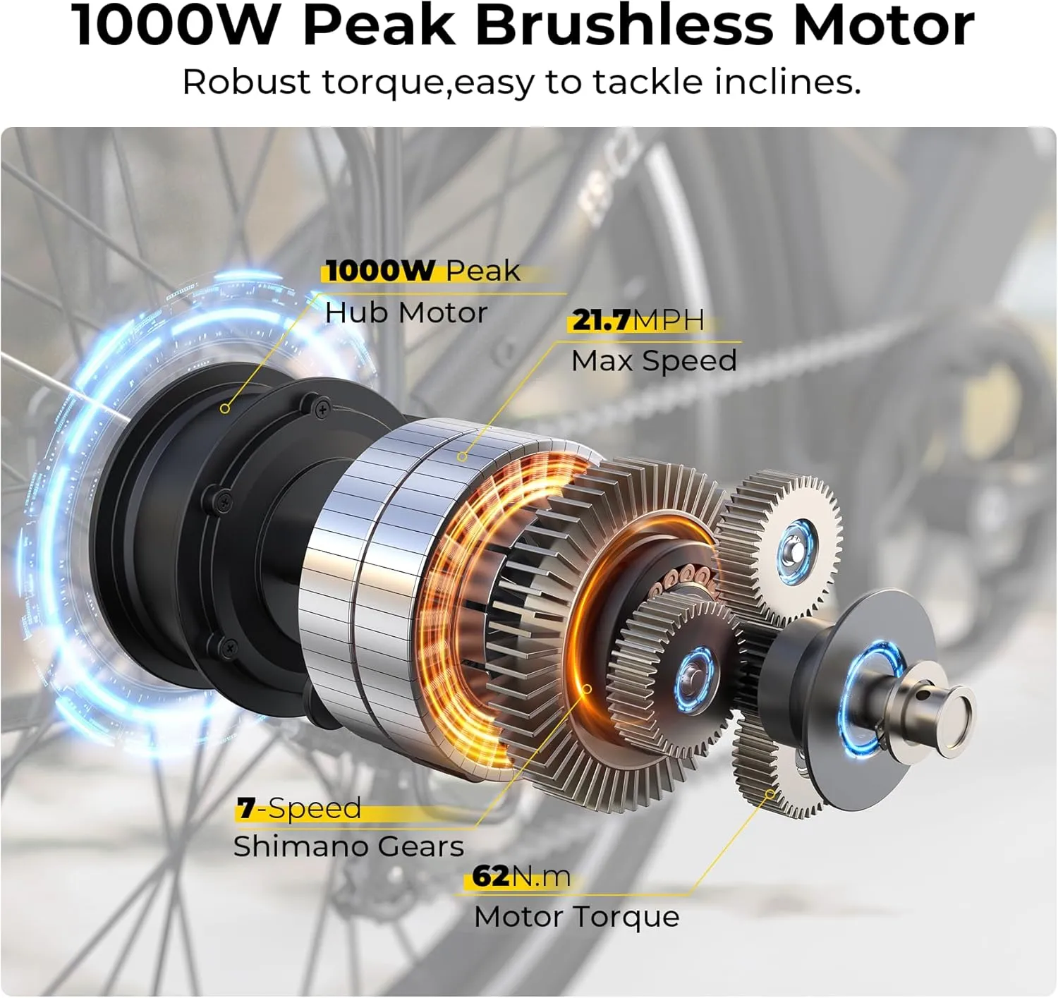 Electric Bike for Adults, 1000W Peak Ebike, 50Miles 21.7MPH Step Thru Electric Bicycle, 26" Commuter E Bikes with 48V Built-in Removable Battery, Adjustable Stem, 7-Speed, Front Suspension