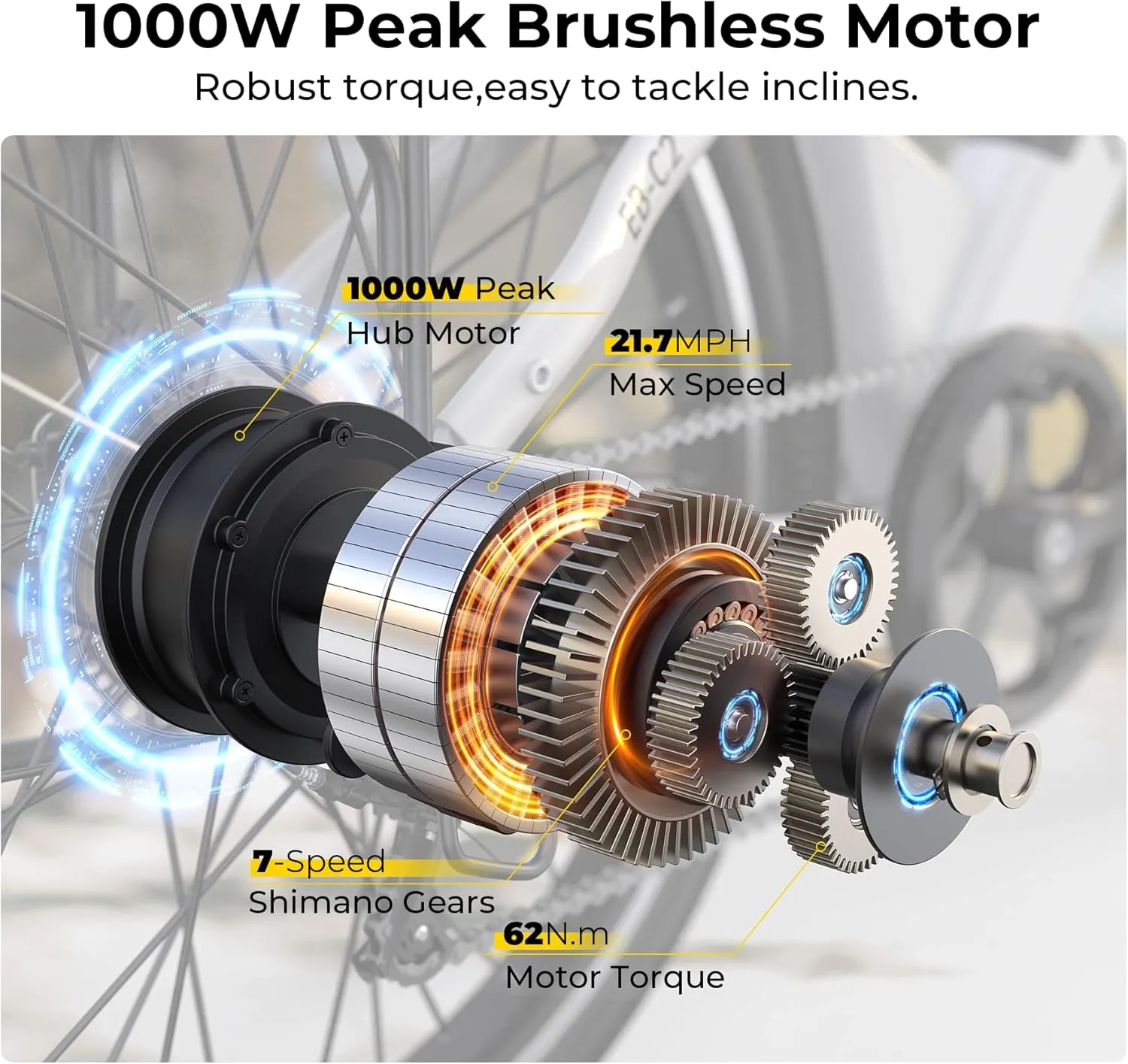 Electric Bike for Adults, 1000W Peak Ebike, 50Miles 21.7MPH Step Thru Electric Bicycle, 26" Commuter E Bikes with 48V Built-in Removable Battery, Adjustable Stem, 7-Speed, Front Suspension