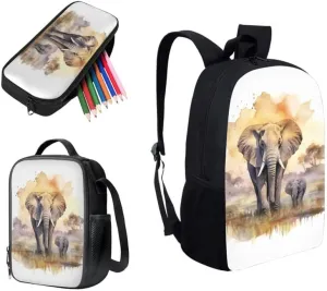 Elephant Watercolor Painting Backpack and Lunch Bag Kids Wild Elephant School Bag Pack and Pencil Case for Teens Students Boys Girls School Sport Travel