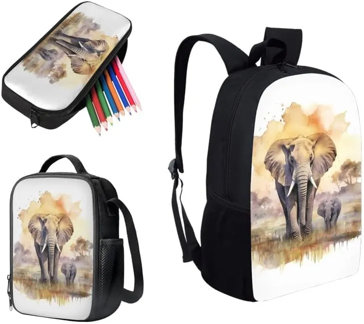 Elephant Watercolor Painting Backpack and Lunch Bag Kids Wild Elephant School Bag Pack and Pencil Case for Teens Students Boys Girls School Sport Travel