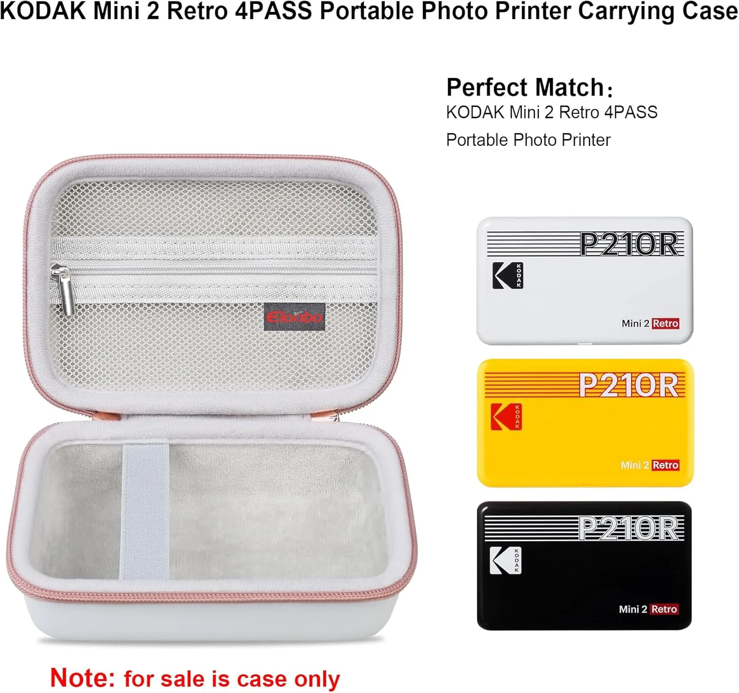 Elonbo Carrying Case for KODAK Mini 2 Retro 4PASS Portable Photo Printer, Digital Instant Print Camera Travel Bag Storage Holder, Mesh Pocket Fits Printing Paper Cable, White