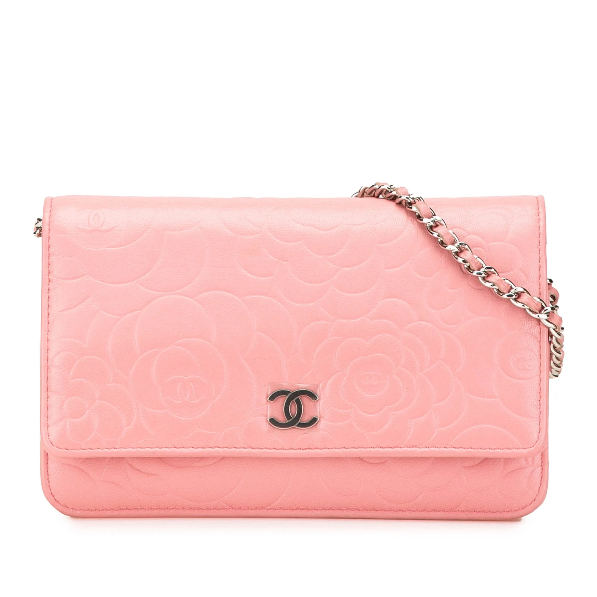 Embossed Lambskin Camellia Wallet On Chain