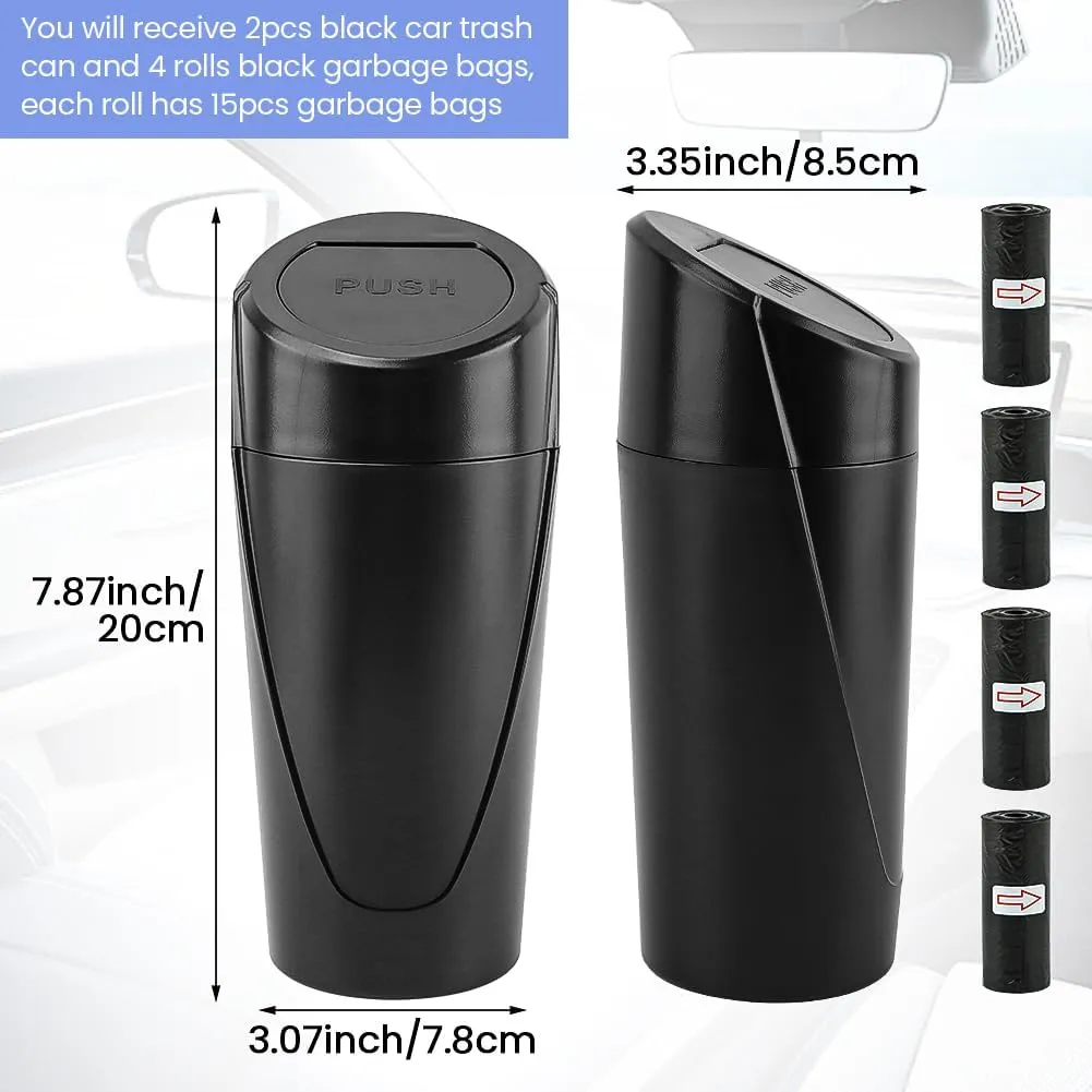 EMVANV Car Trash Can Bin with Lid, 2 pcs Car Trash Can, Black Mini Leakproof Vehicle Trash Garbage Can Bin with 4rolls x Garbage Bag, Car Organizers and Storage for Front Back Seat(Black,Size:2pcs)