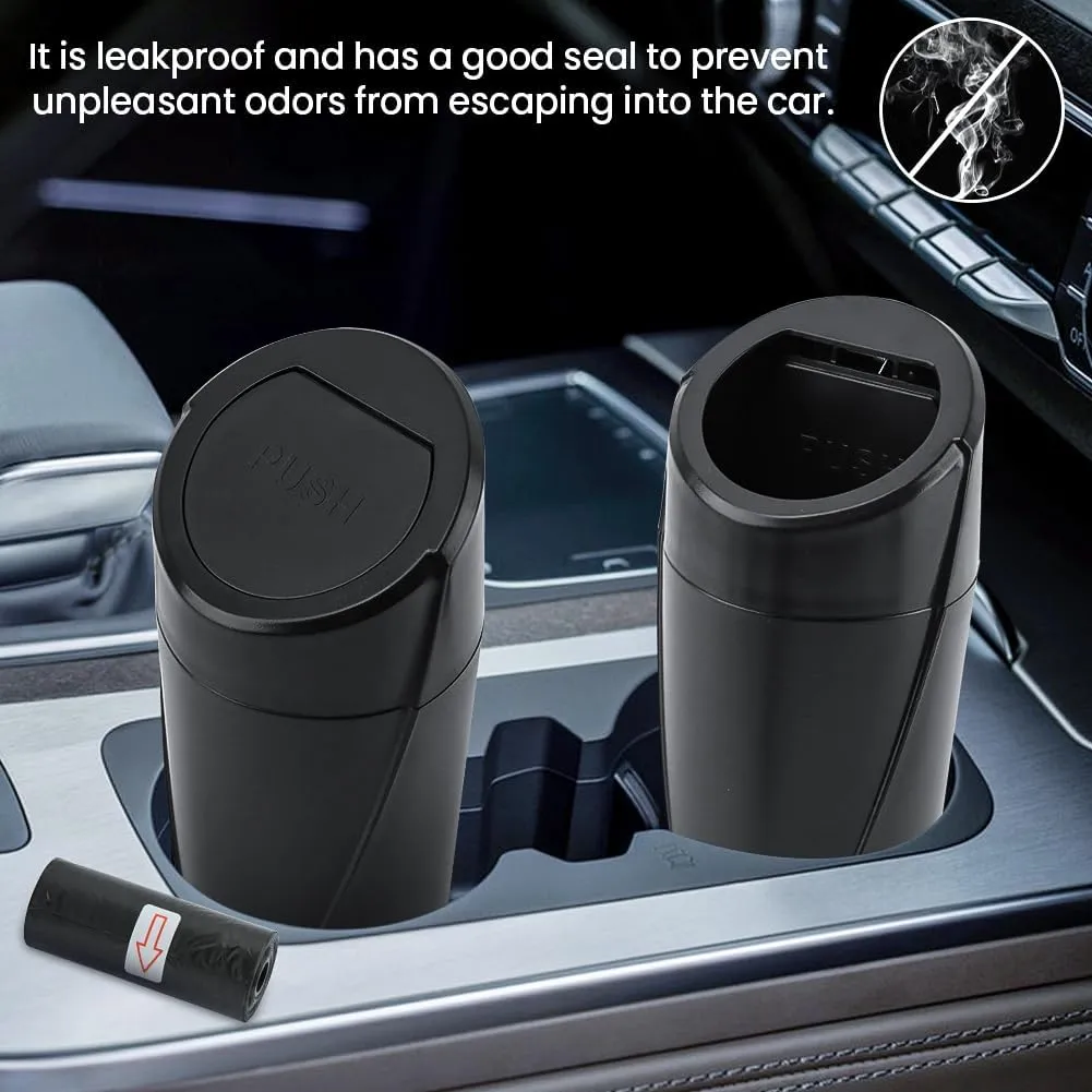 EMVANV Car Trash Can Bin with Lid, 2 pcs Car Trash Can, Black Mini Leakproof Vehicle Trash Garbage Can Bin with 4rolls x Garbage Bag, Car Organizers and Storage for Front Back Seat(Black,Size:2pcs)