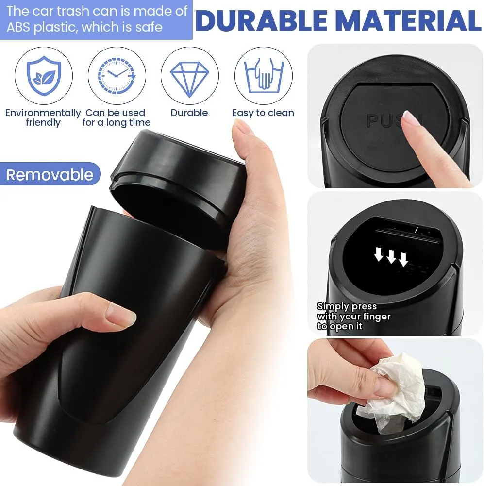 EMVANV Car Trash Can Bin with Lid, 2 pcs Car Trash Can, Black Mini Leakproof Vehicle Trash Garbage Can Bin with 4rolls x Garbage Bag, Car Organizers and Storage for Front Back Seat(Black,Size:2pcs)