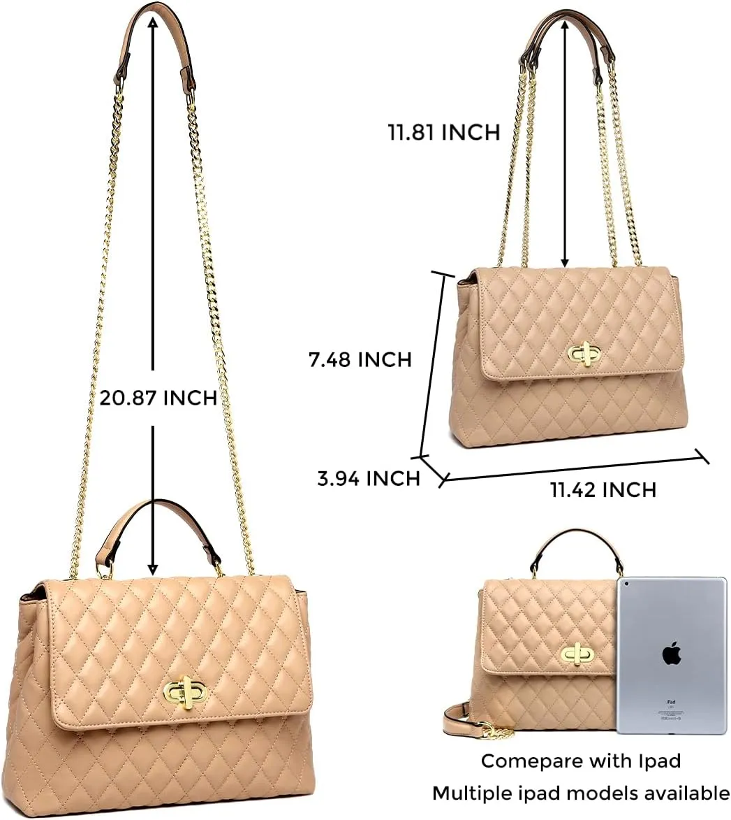 ER.Roulour Quilted Crossbody Bags for Women, Trendy Roomy Shoulder Handbags with Flap Gold Hardware Chain Purses Shoulder Bag