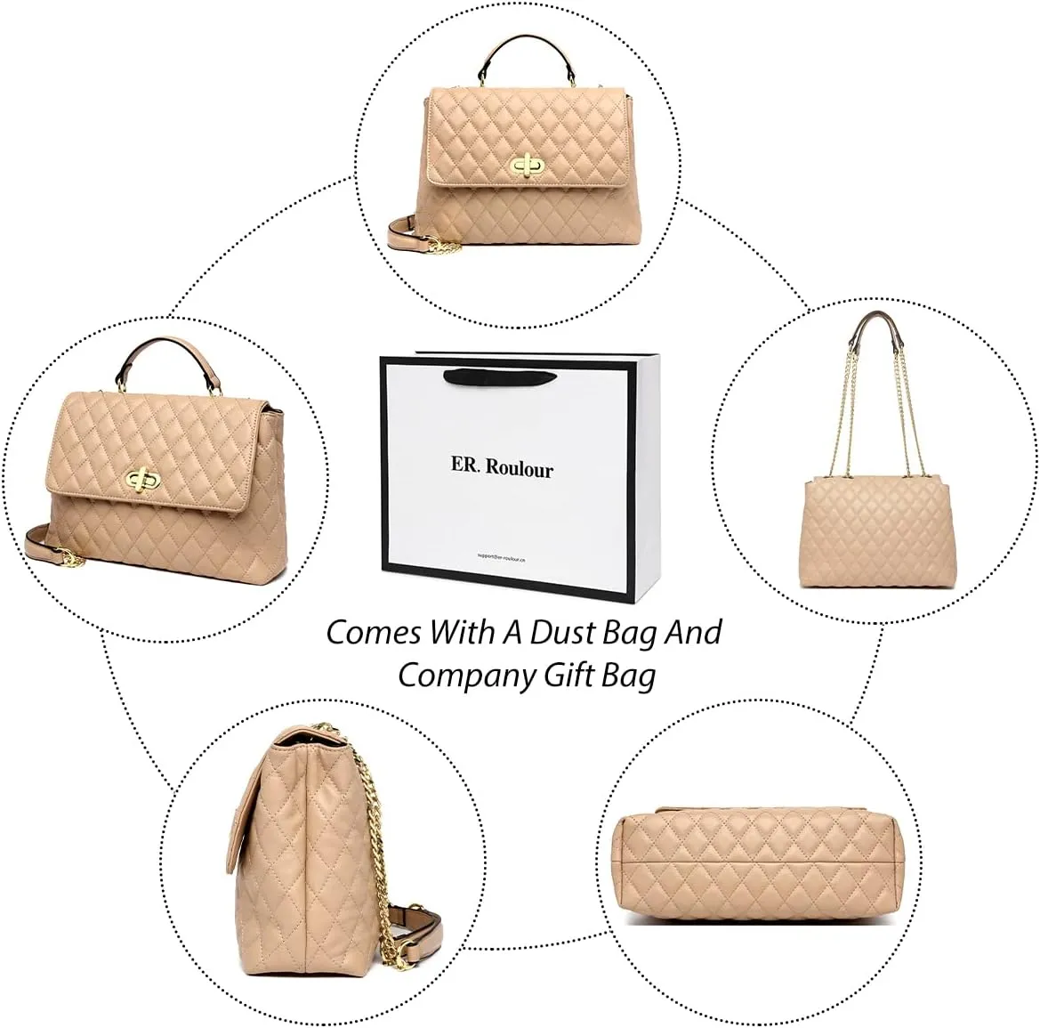 ER.Roulour Quilted Crossbody Bags for Women, Trendy Roomy Shoulder Handbags with Flap Gold Hardware Chain Purses Shoulder Bag