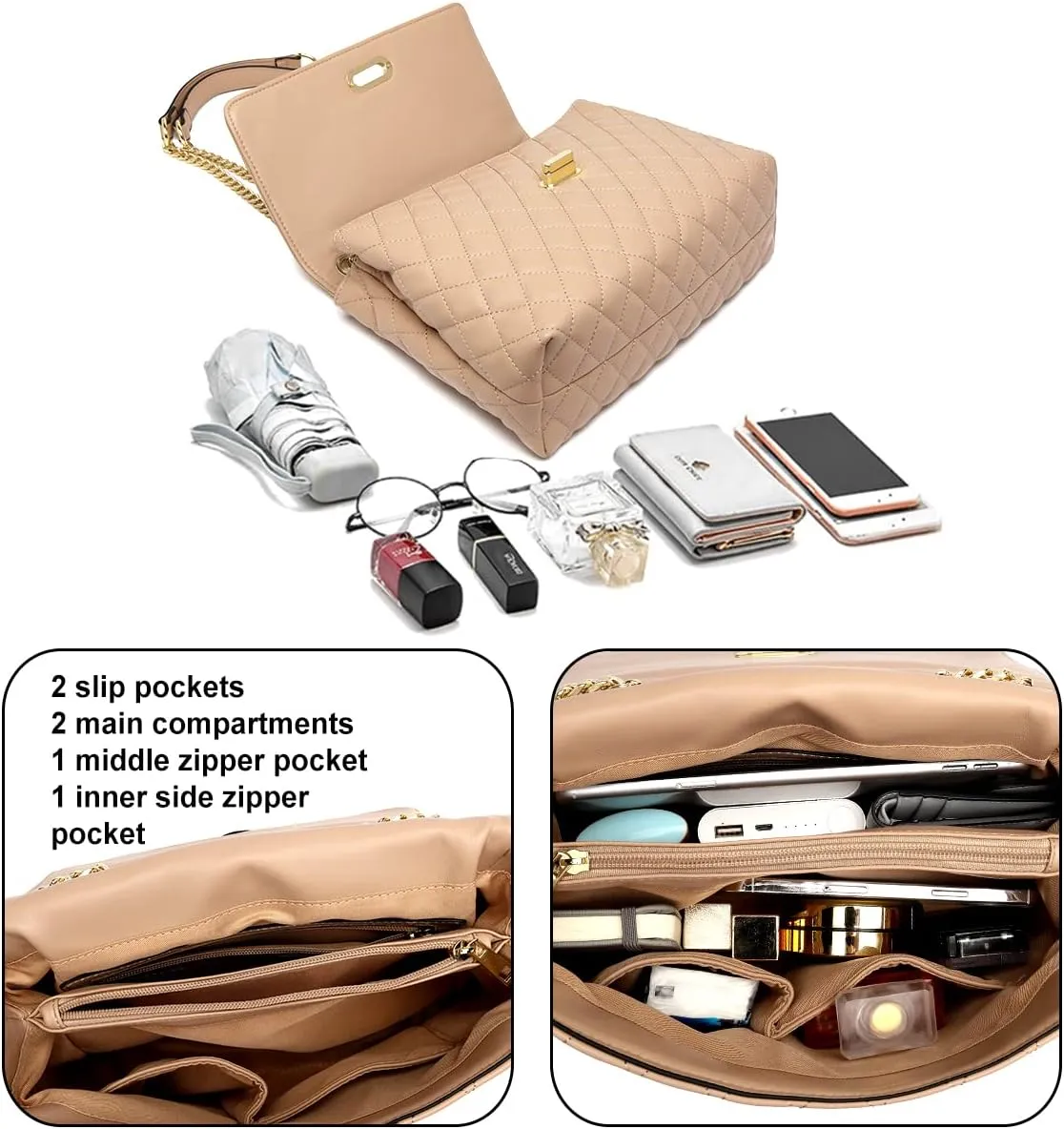 ER.Roulour Quilted Crossbody Bags for Women, Trendy Roomy Shoulder Handbags with Flap Gold Hardware Chain Purses Shoulder Bag