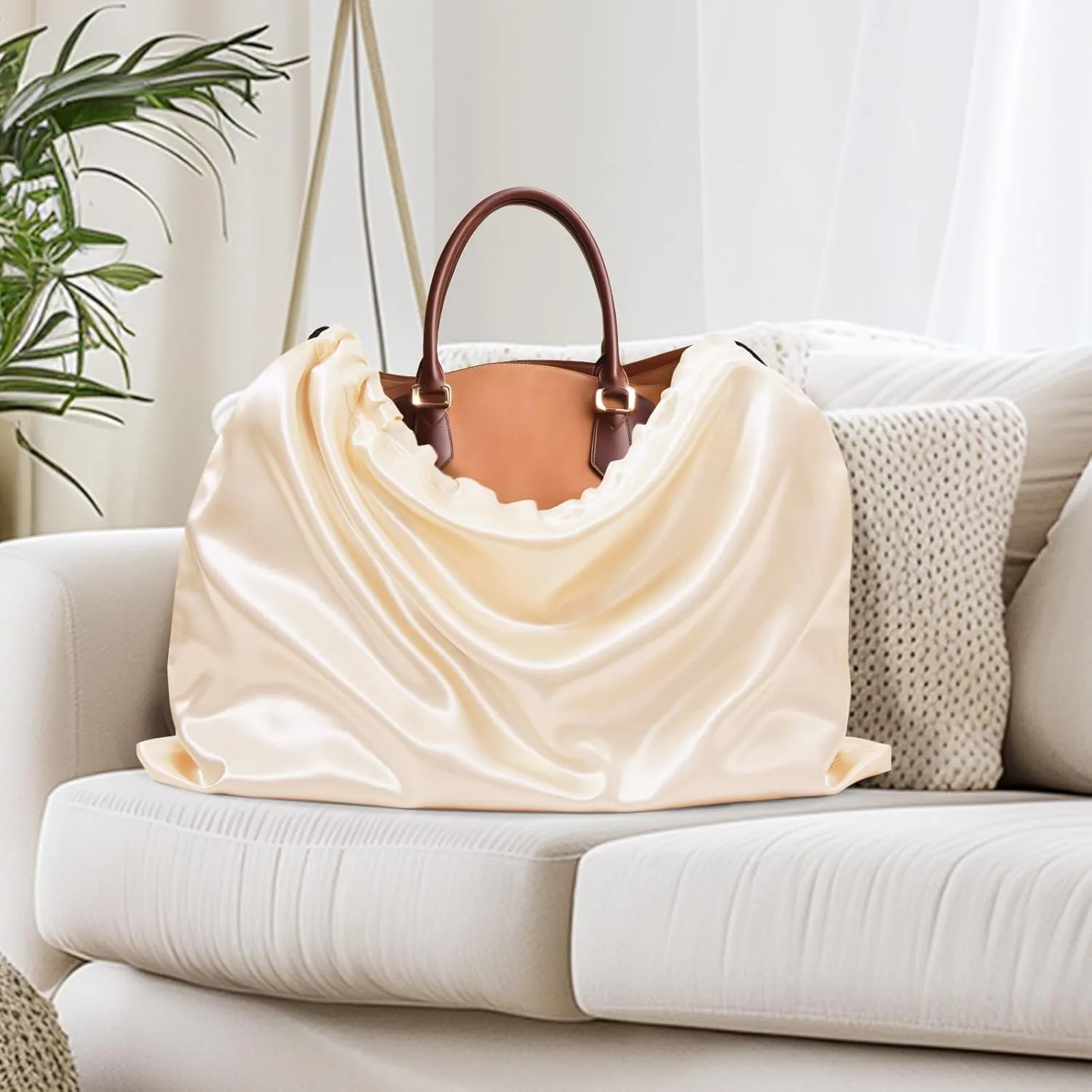 Ersmak 6 Pack Dust Bags for Handbags - Beige Silk Dust Cover Bag for Purses Shoes - Satin Drawstring Dustproof Bags for Travel Storage - 19.7 x 15.7 In
