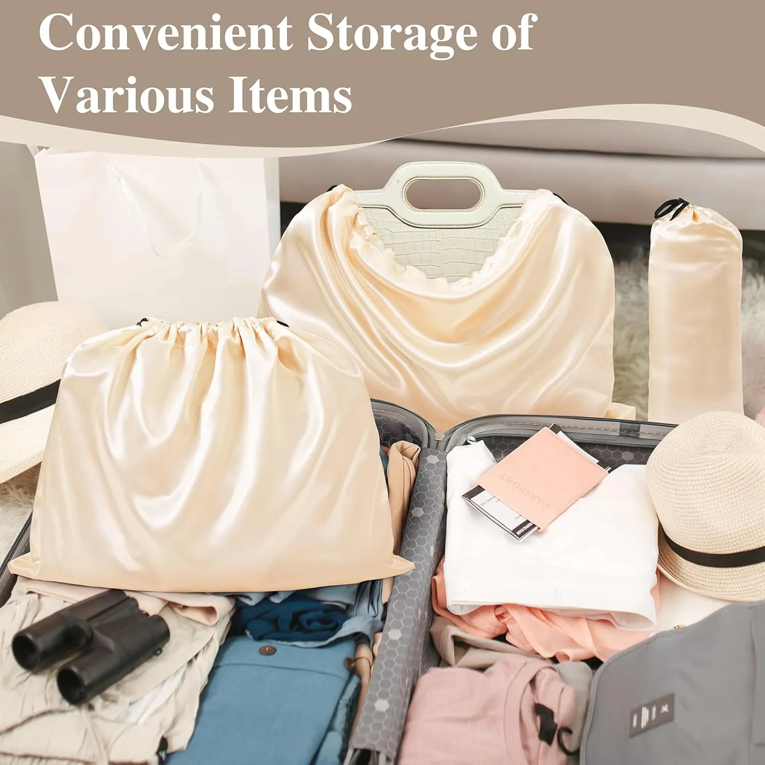 Ersmak 6 Pack Dust Bags for Handbags - Beige Silk Dust Cover Bag for Purses Shoes - Satin Drawstring Dustproof Bags for Travel Storage - 19.7 x 15.7 In
