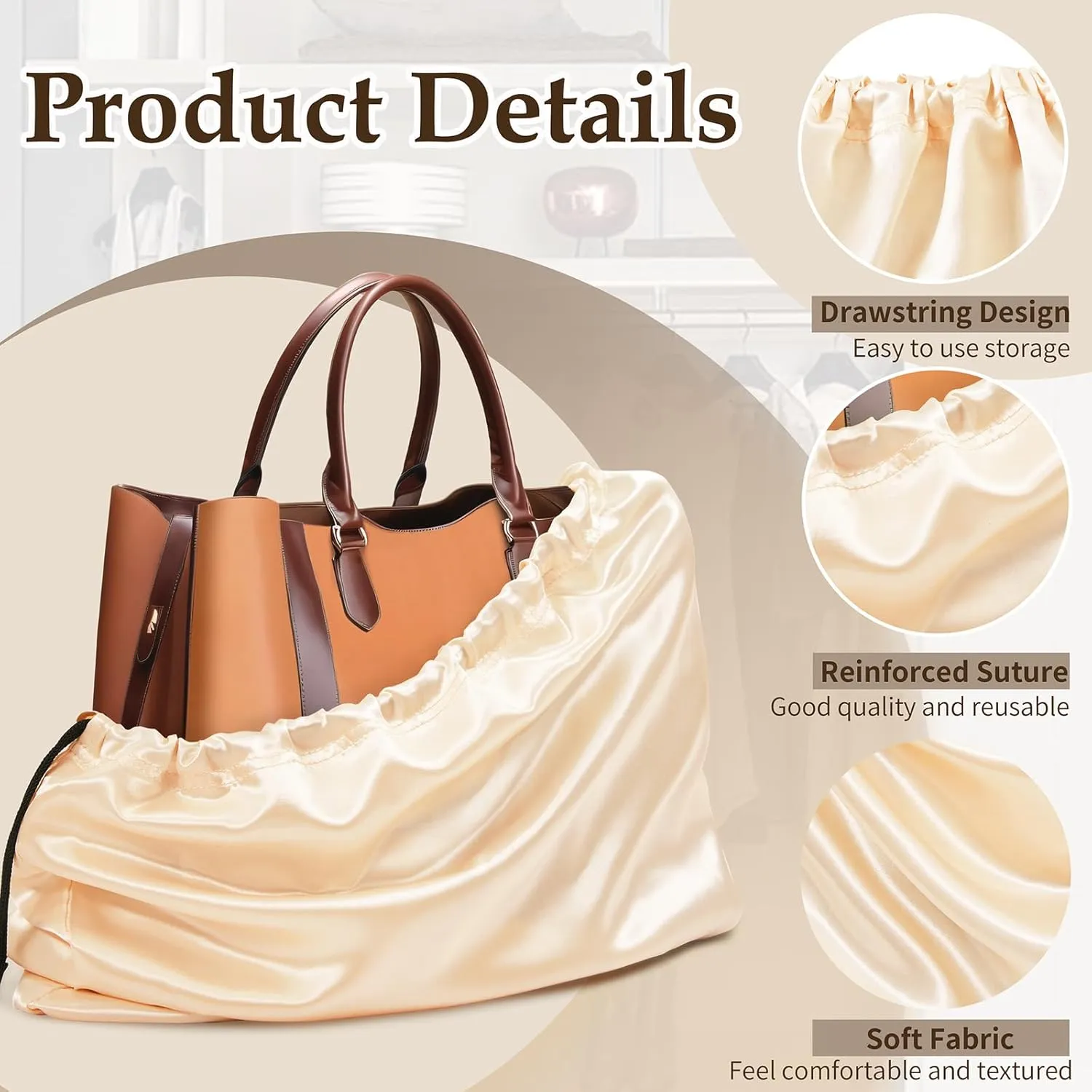 Ersmak 6 Pack Dust Bags for Handbags - Beige Silk Dust Cover Bag for Purses Shoes - Satin Drawstring Dustproof Bags for Travel Storage - 19.7 x 15.7 In