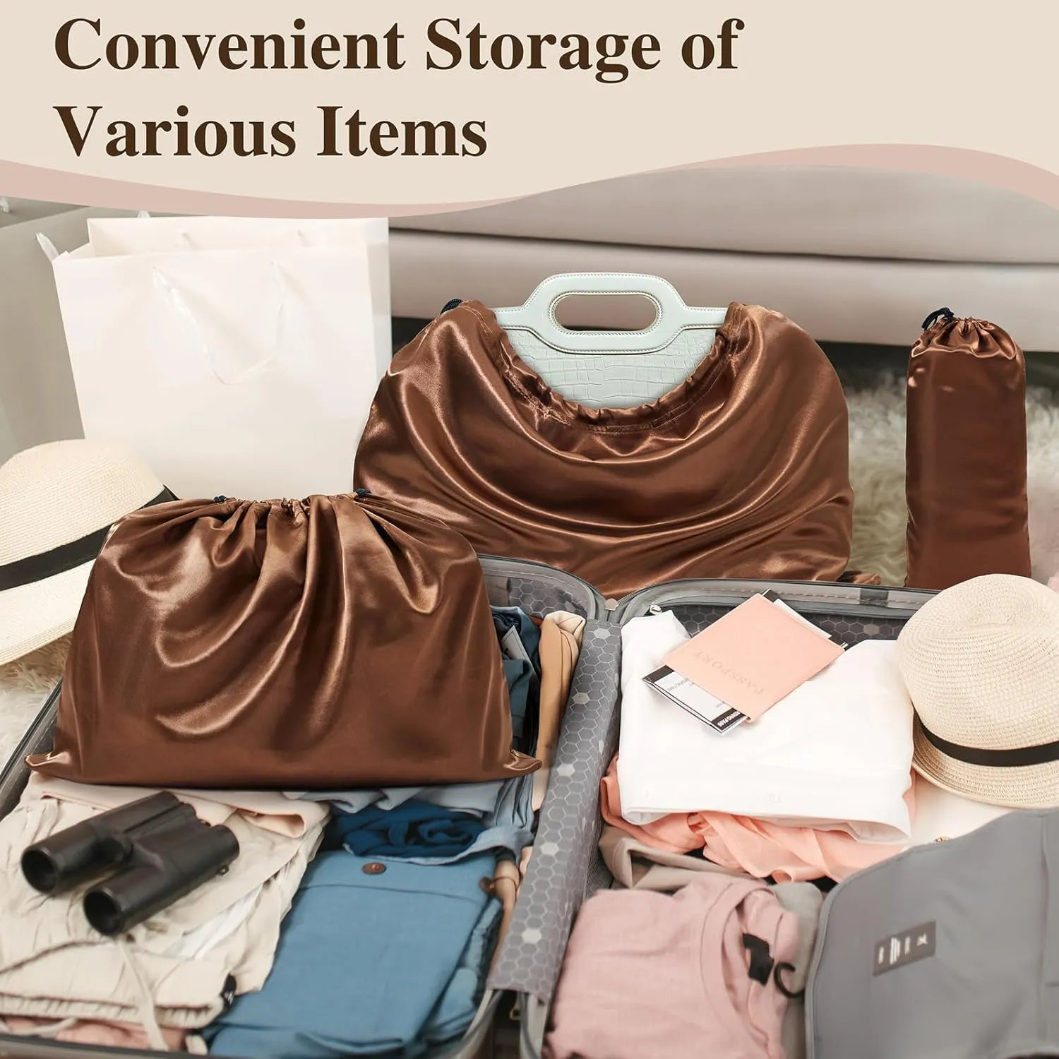 Ersmak 6 Pack Dust Bags for Handbags - Brown Silk Dust Cover Bag for Purses Shoes - Satin Drawstring Dustproof Bags for Travel Storage - 23.6 x 19.7 In