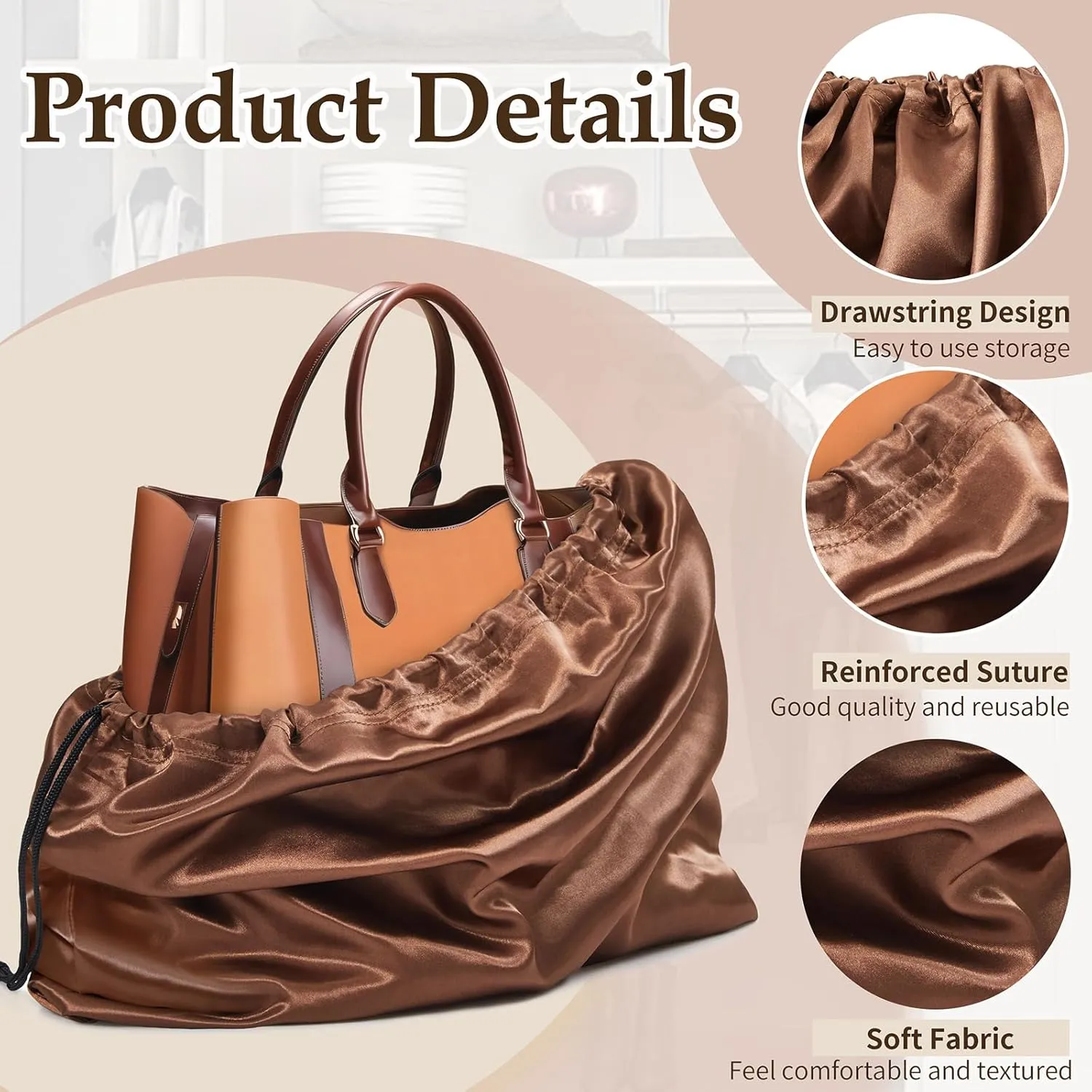 Ersmak 6 Pack Dust Bags for Handbags - Brown Silk Dust Cover Bag for Purses Shoes - Satin Drawstring Dustproof Bags for Travel Storage - 23.6 x 19.7 In