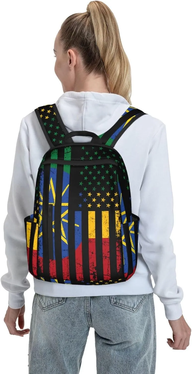 Ethiopian American Flag Ethiopian Roots Travel Backpacks Casual Laptop Backpack Sport Rucksack Large Capacity Daypack Multi-Pockets Adjustable Strap Bag for Working Hiking