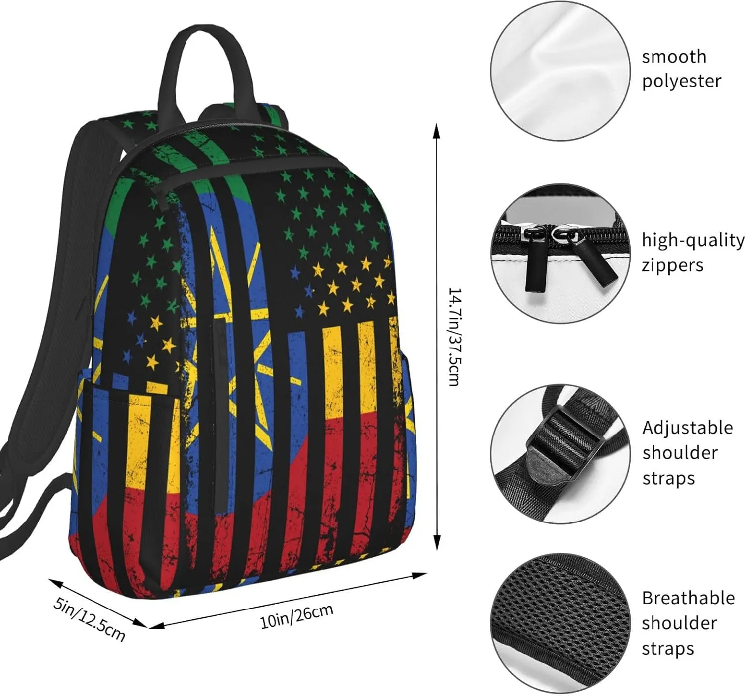 Ethiopian American Flag Ethiopian Roots Travel Backpacks Casual Laptop Backpack Sport Rucksack Large Capacity Daypack Multi-Pockets Adjustable Strap Bag for Working Hiking