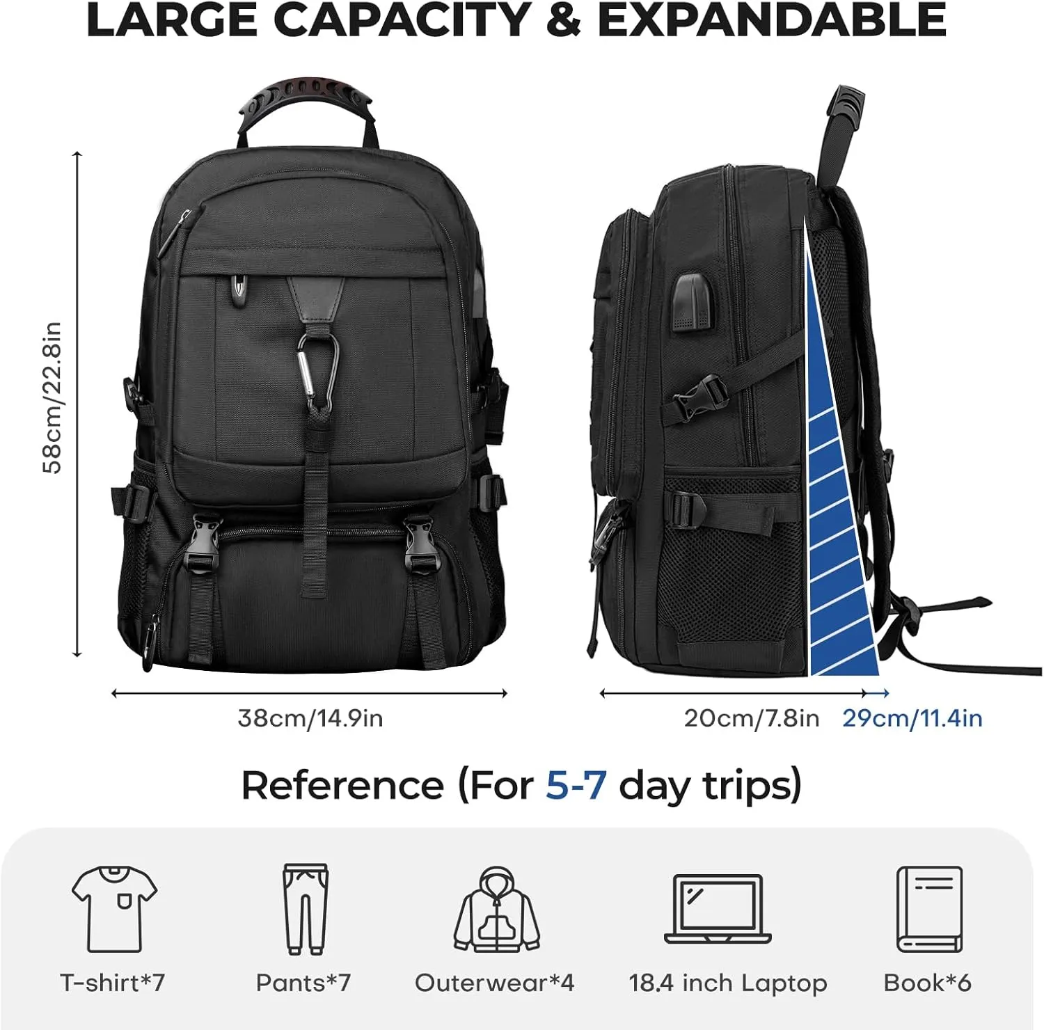 Extra Large Travel Backpack,Laptop Backpack for Men Women,Backpack with Shoe Compartment USB Charging Port,College Backpack,Fit 18.4 Inch Laptops for Business Hiking Camping(Fits above 5.74 ft height)