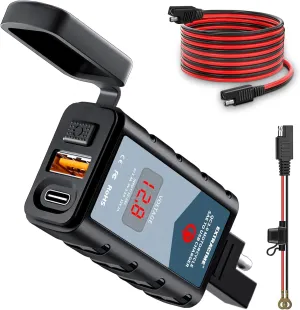EXTRACTME 6.4A Motorcycle USB Charger, Total 44W Dual USB Type C PD & Quick Charge 3.0 Motorcycle Phone Charger with Voltmeter & ON/Off Switch, Waterproof Motorcycle Accessories SAE to USB Adapter