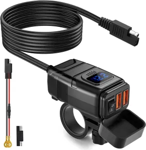 EXTRACTME Motorcycle USB Charger, 6.8A Quick Charge 3.0 Dual USB Motorcycle Phone Charger with Voltmeter & ON/Off Switch, Waterproof Quick Disconnect SAE to USB Adapter for Phone, Tablet, GPS - Blue