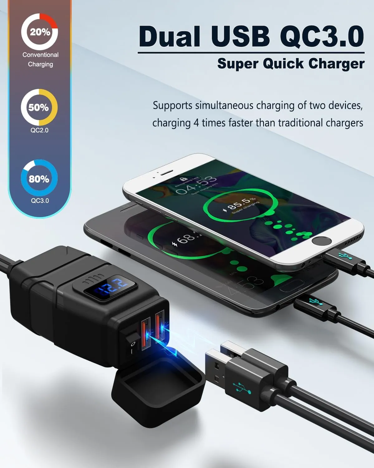 EXTRACTME Motorcycle USB Charger, 6.8A Quick Charge 3.0 Dual USB Motorcycle Phone Charger with Voltmeter & ON/Off Switch, Waterproof Quick Disconnect SAE to USB Adapter for Phone, Tablet, GPS - Blue