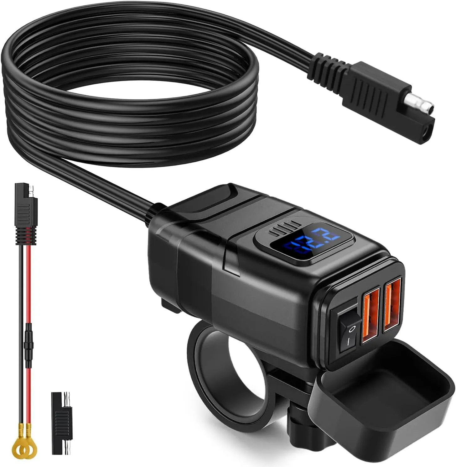 EXTRACTME Motorcycle USB Charger, 6.8A Quick Charge 3.0 Dual USB Motorcycle Phone Charger with Voltmeter & ON/Off Switch, Waterproof Quick Disconnect SAE to USB Adapter for Phone, Tablet, GPS - Blue