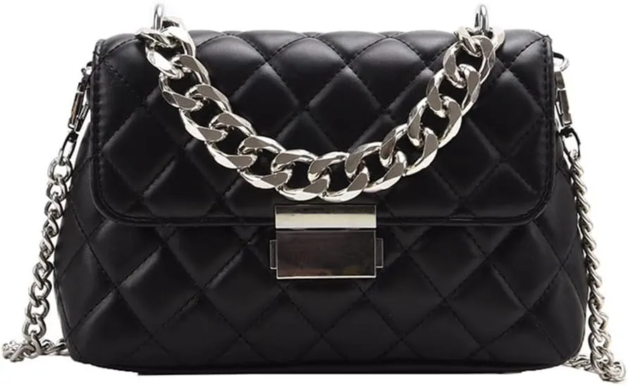 Fashion Elegant Flap Top Crossbody Bag for Women with Chain Quilted Casual Shoulder Bag Tote Vegan Leather Purse (Black)