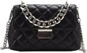 Fashion Elegant Flap Top Crossbody Bag for Women with Chain Quilted Casual Shoulder Bag Tote Vegan Leather Purse (Black)