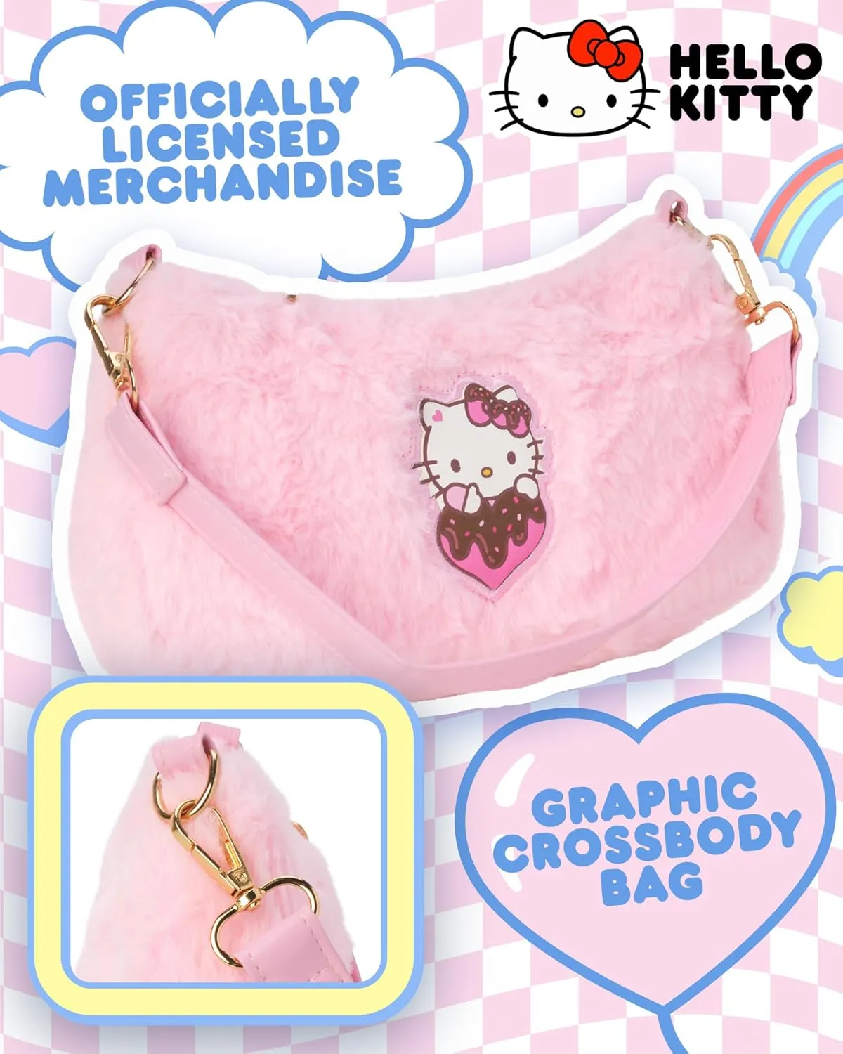 Fast Forward Girls Purse - Hello Kitty, Minnie Mouse, Stitch, Descendants, and Bluey - Cute Girls Bag with Adjustable Strap, Size One Size, Hello Kitty Pink Plush