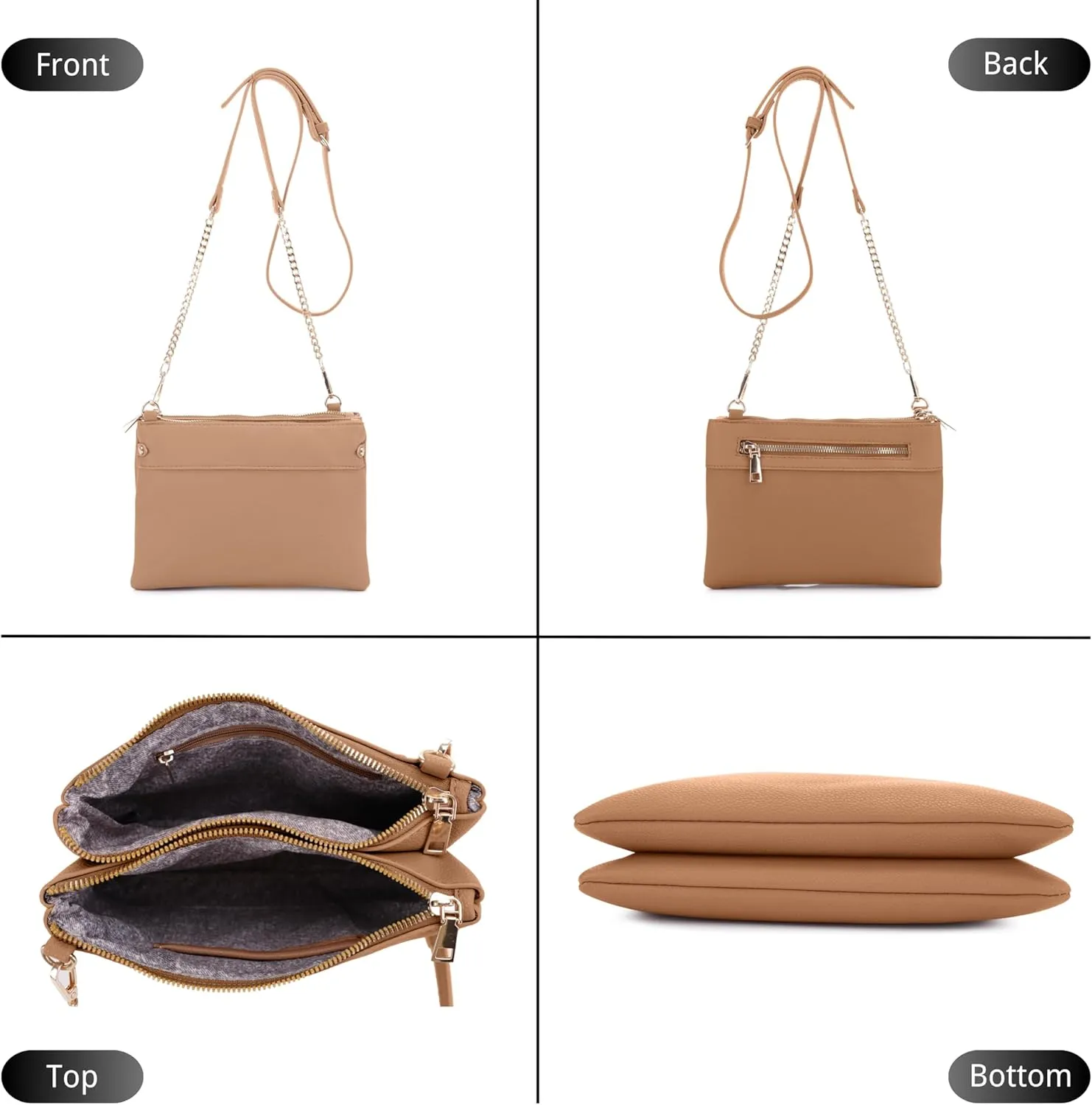 Faux Leather Crossbody Bag with Multiple Compartments, Detachable Chain Strap