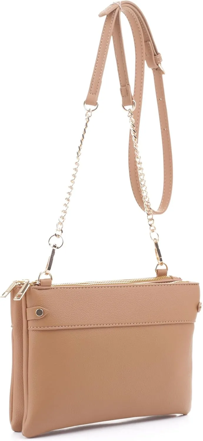 Faux Leather Crossbody Bag with Multiple Compartments, Detachable Chain Strap