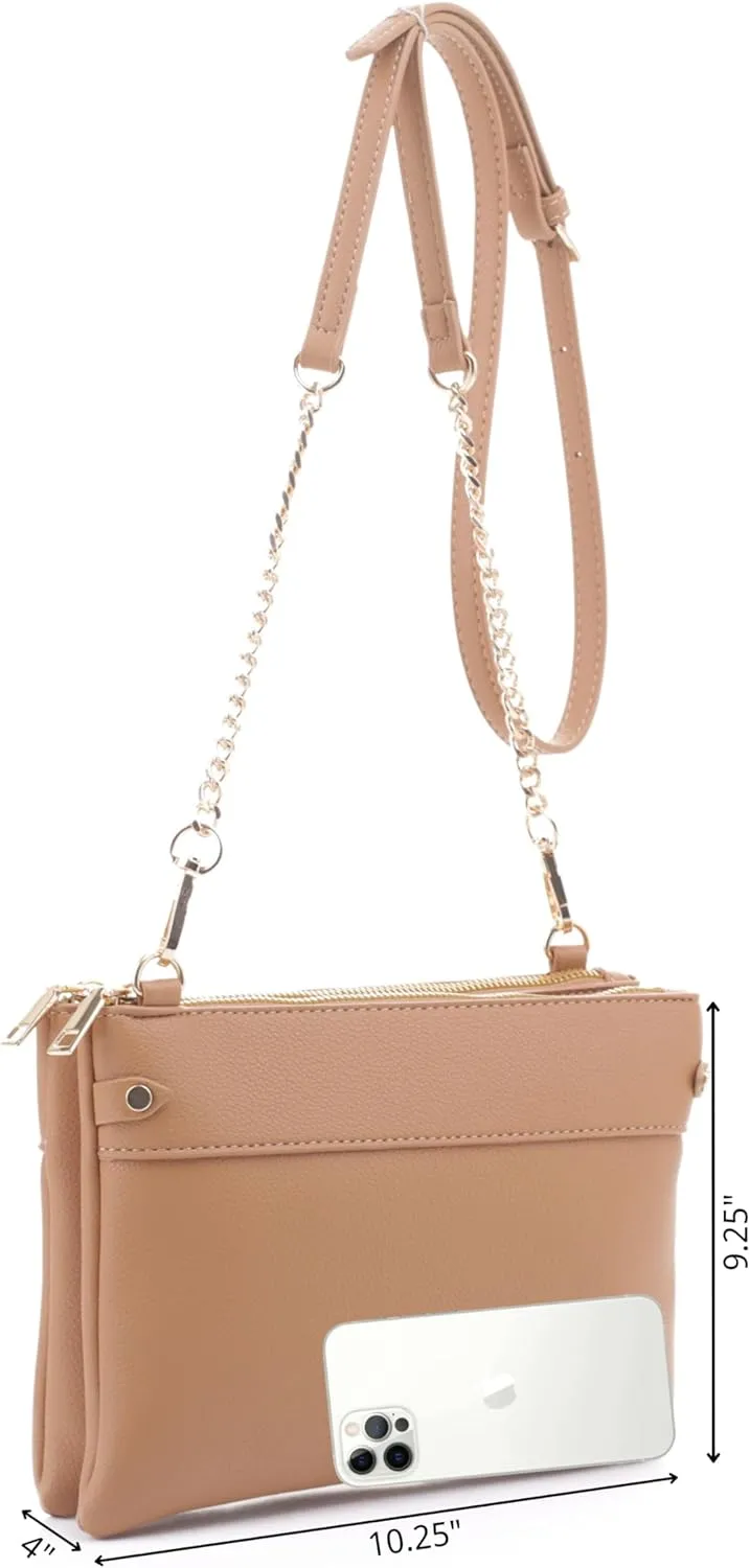 Faux Leather Crossbody Bag with Multiple Compartments, Detachable Chain Strap