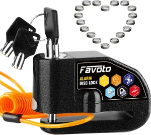 Favoto Alarm Disc Lock, 3 Keys and 18 Batteries (5-Year Availability), 110 dB Waterproof Anti-Theft Security Brake Padlock, 7mm Lock Pin with Reminder Cable, Fit for Motorcycle E-Bike Bicycle Scooter